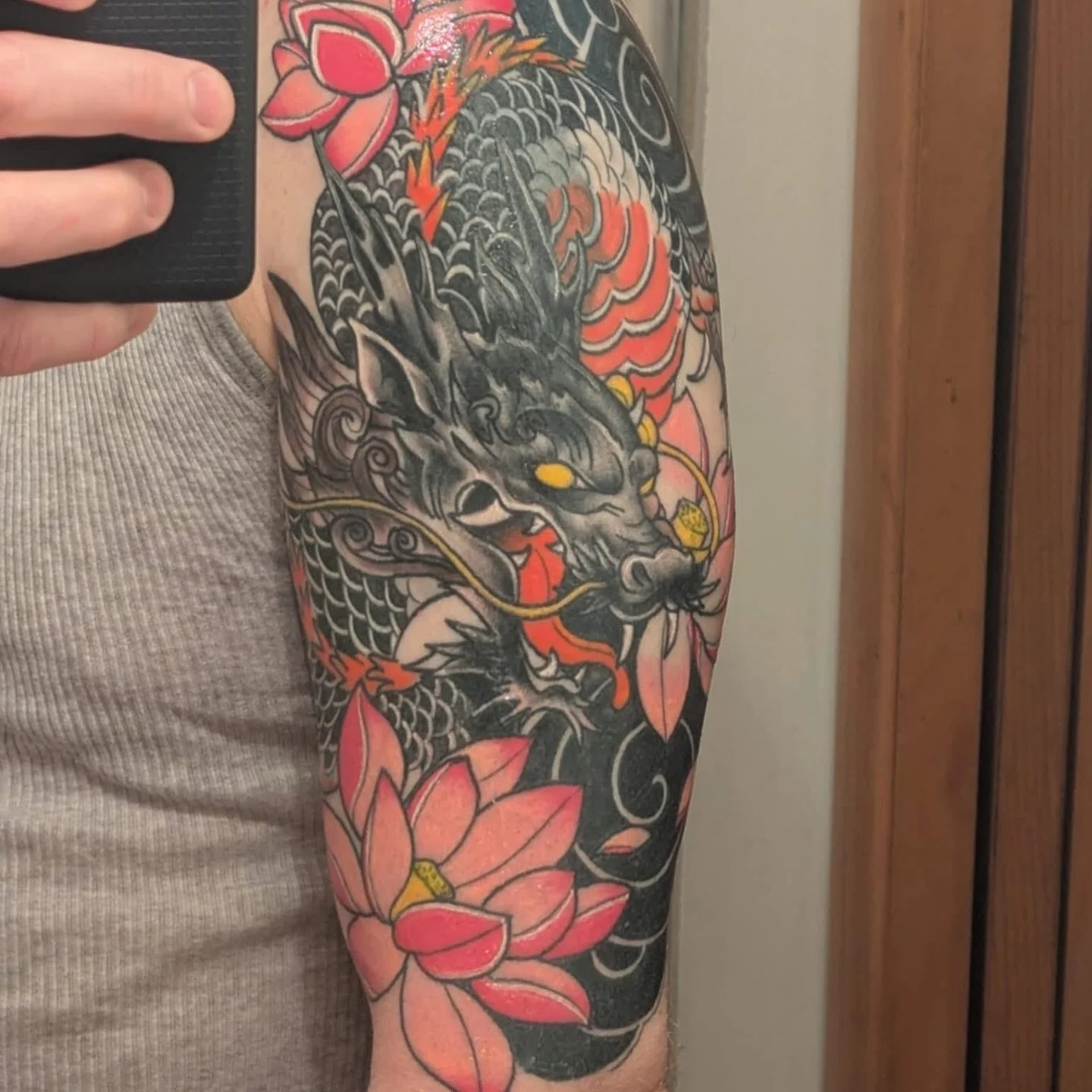 @sawyeraverytattoos  just finished this dragon half sleeve that was a cover up of some 90s tribal ish stuff.🤙🏽

Who&rsquo;s ready for a coverup?