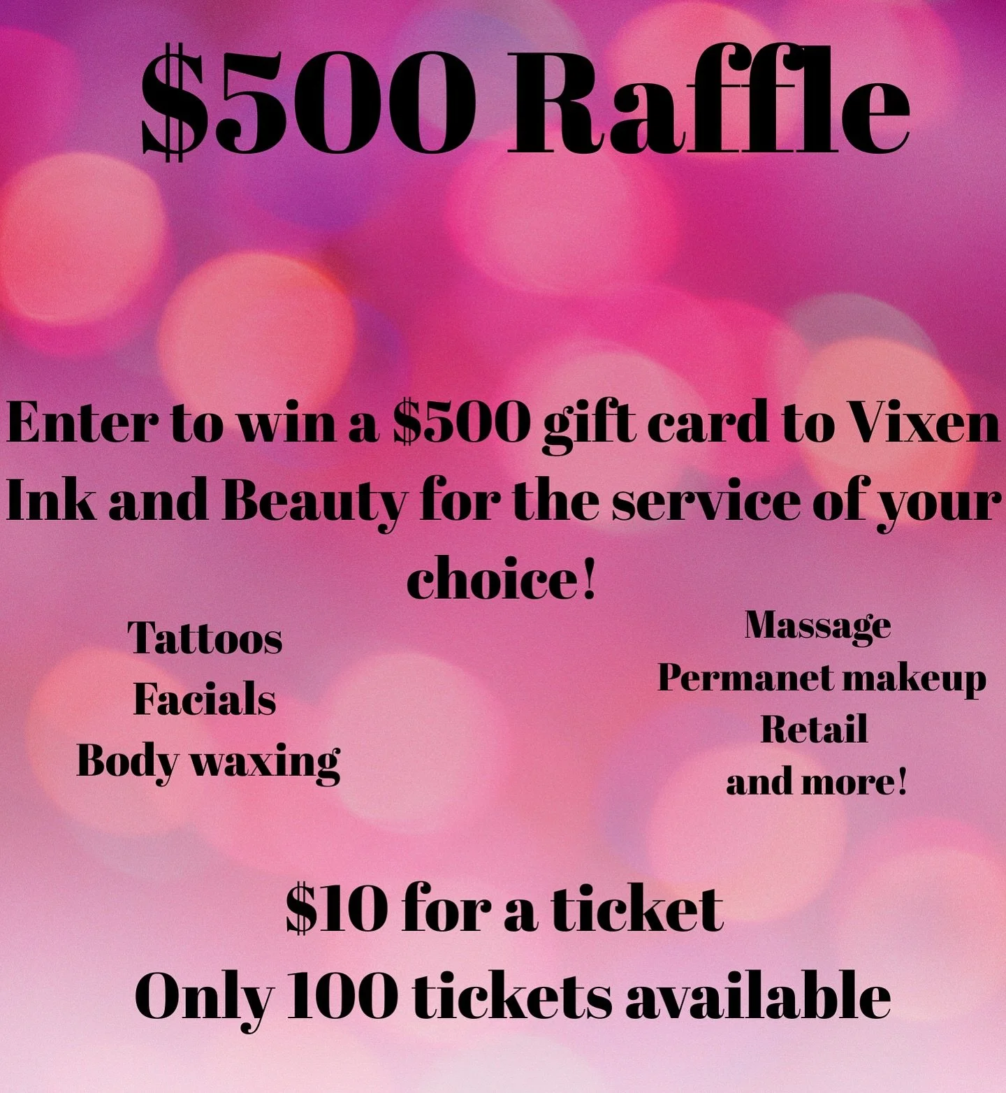 Starting this week we are selling raffle tickets for a $500 gift card for @vixens.ink.and.beauty 

Tickets are $10 each limited amount being sold so don&rsquo;t miss your chance to enter

Yes we can take Venmo,  PayPal, Apple Cash,  and Cash 

Messag
