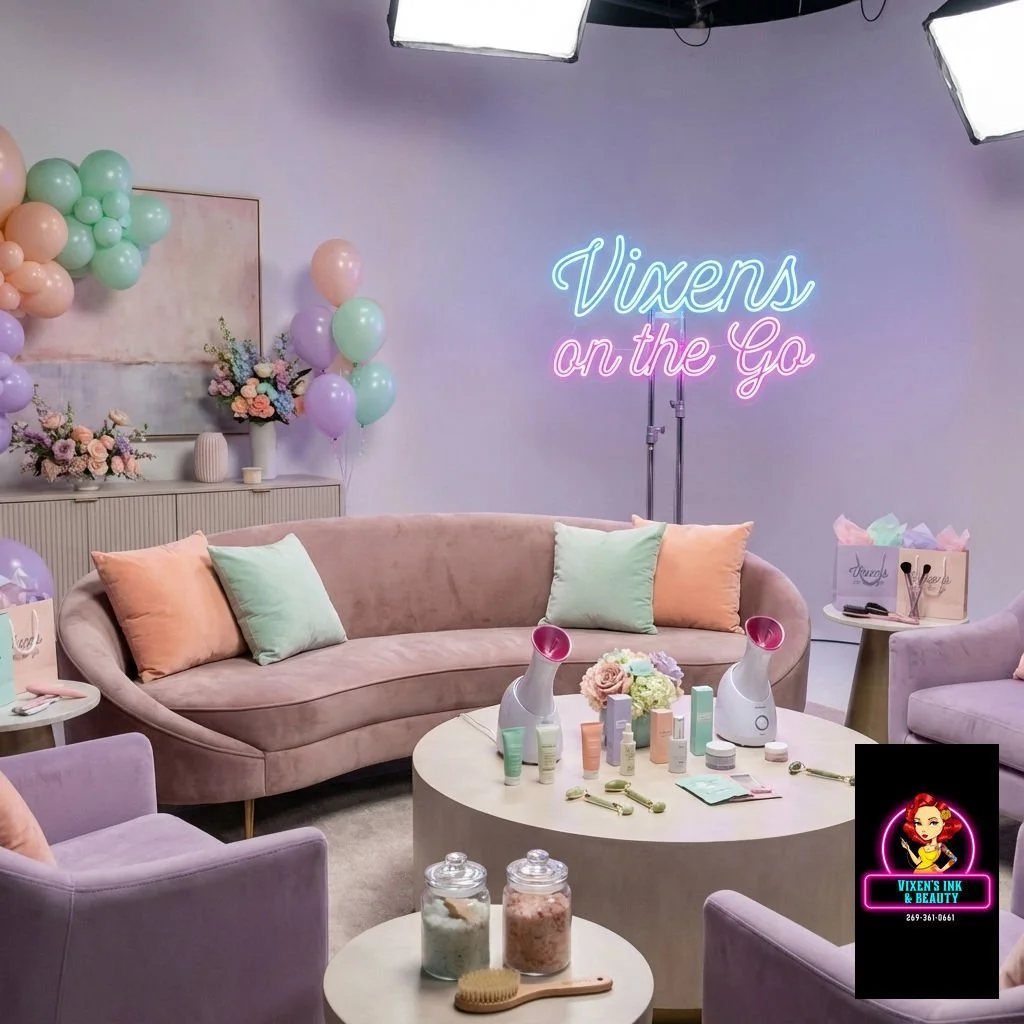 ✨ Ready for a night of beauty without even leaving your house? Vixens on the Go brings our signature spa, beauty, and permanent makeup magic straight to YOUR door for events, parties, and group hangs! Picture plush seating, pampering supplies, and th