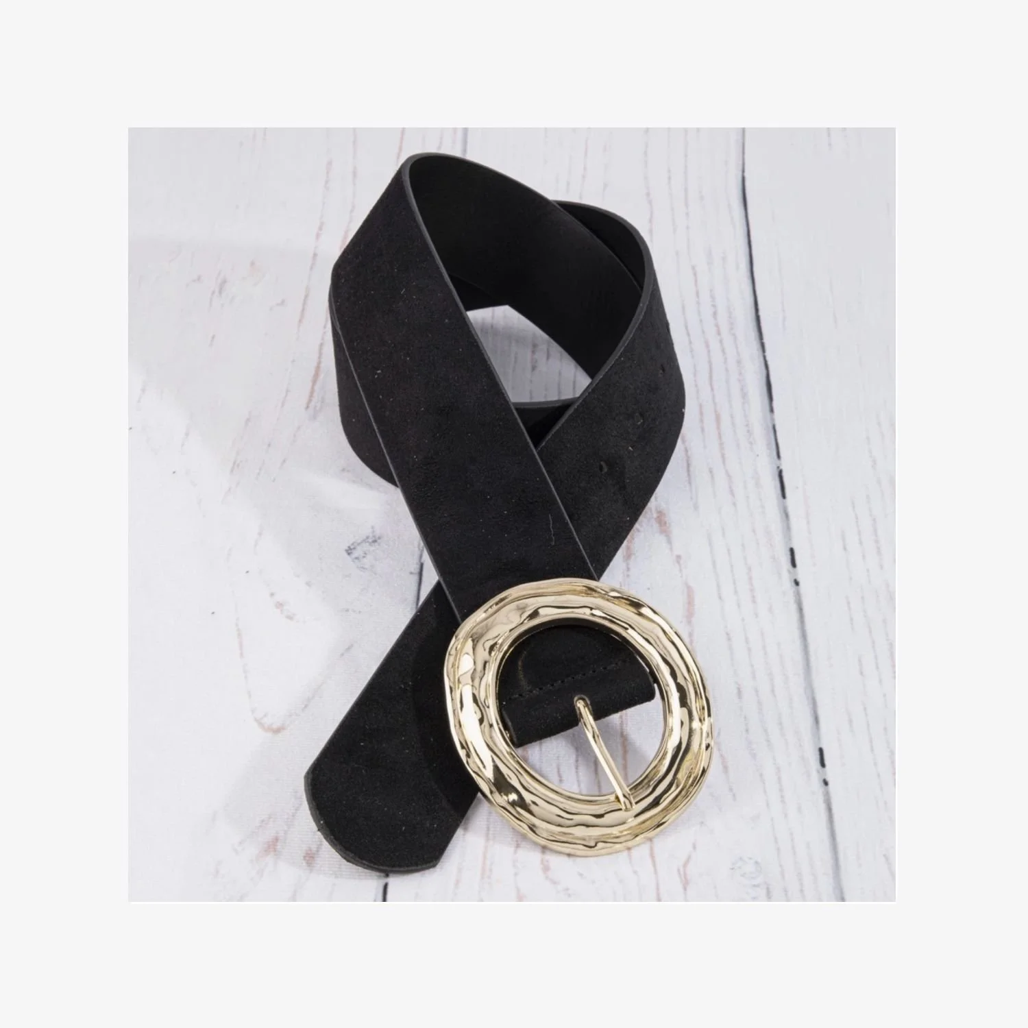 Black Leather Belt with Gold Round Buckle – Women's Classic Waist Belt