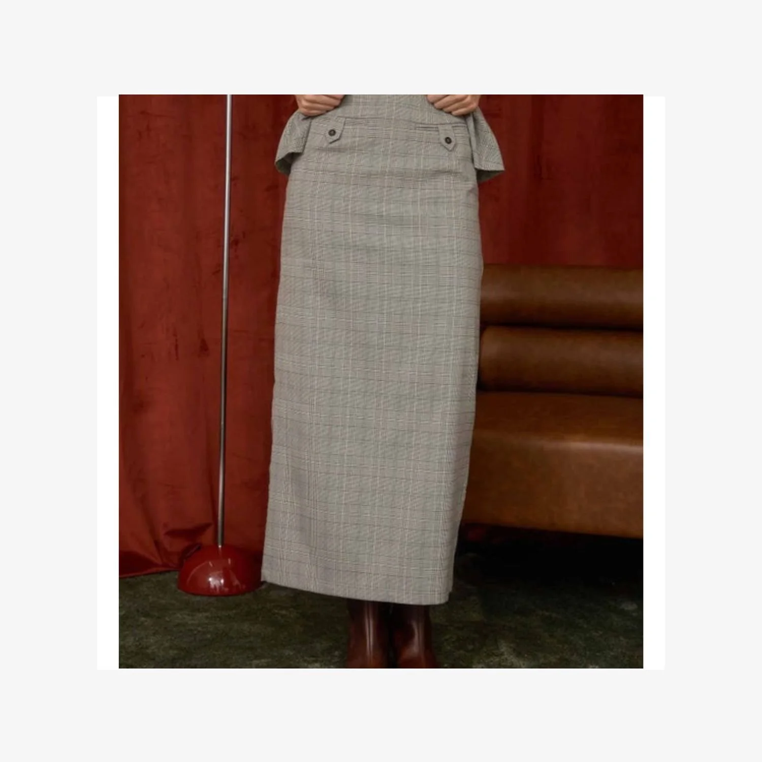 Plaid Split Hem Midi Pencil Skirt