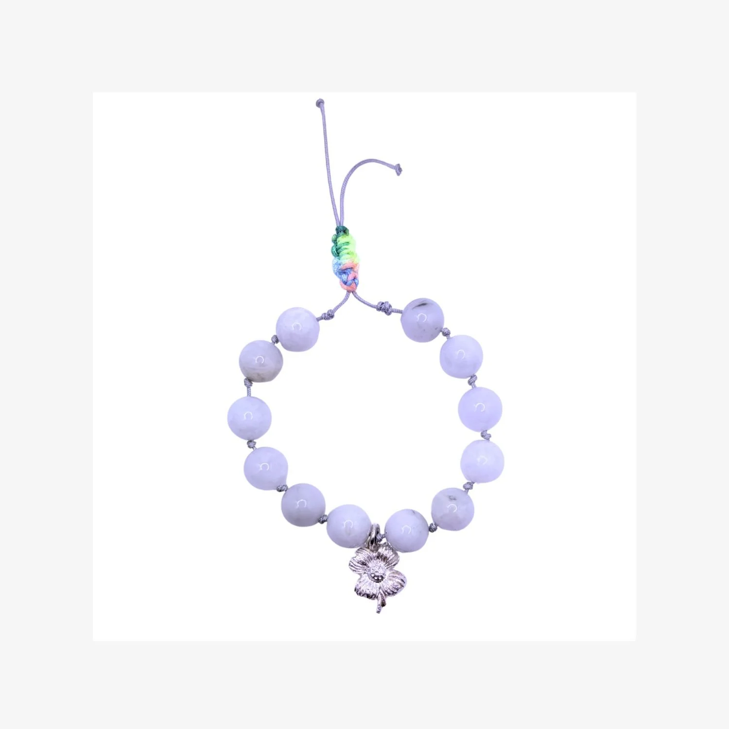 White Jade Hand-Knotted Adjustable Bracelet with Silver Flower Charm
