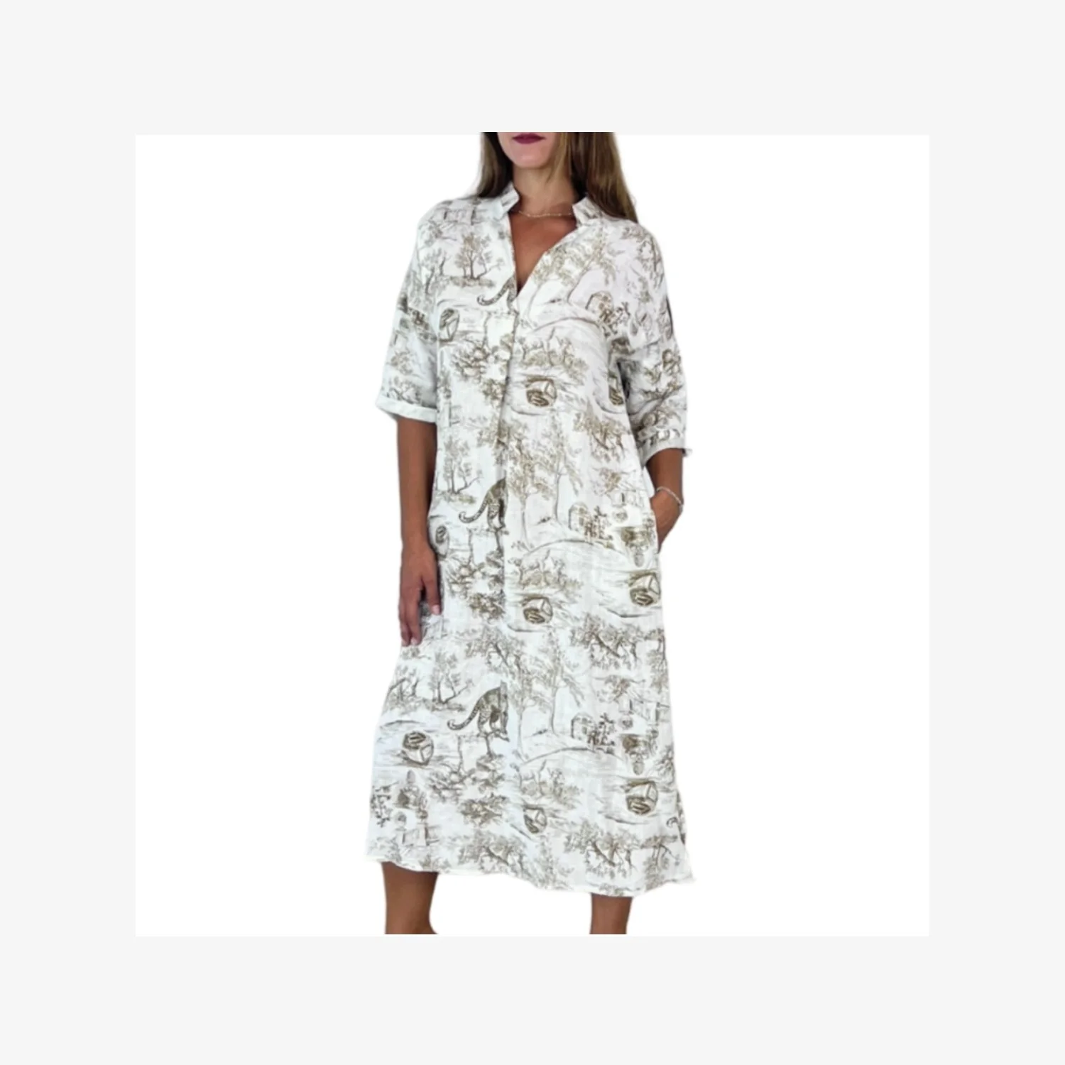 Italian Linen Mandarin Collar Shirt Dress