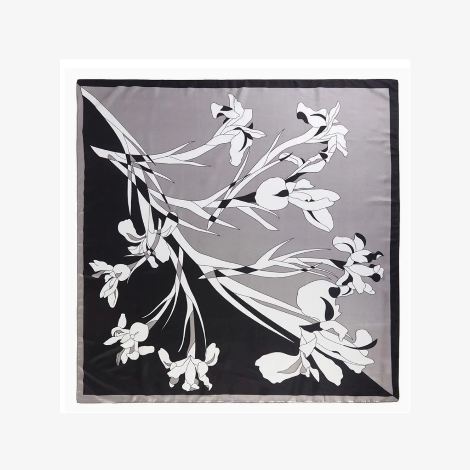 Black & White Floral Scarf – Women's Monochrome Satin Fashion Scarf
