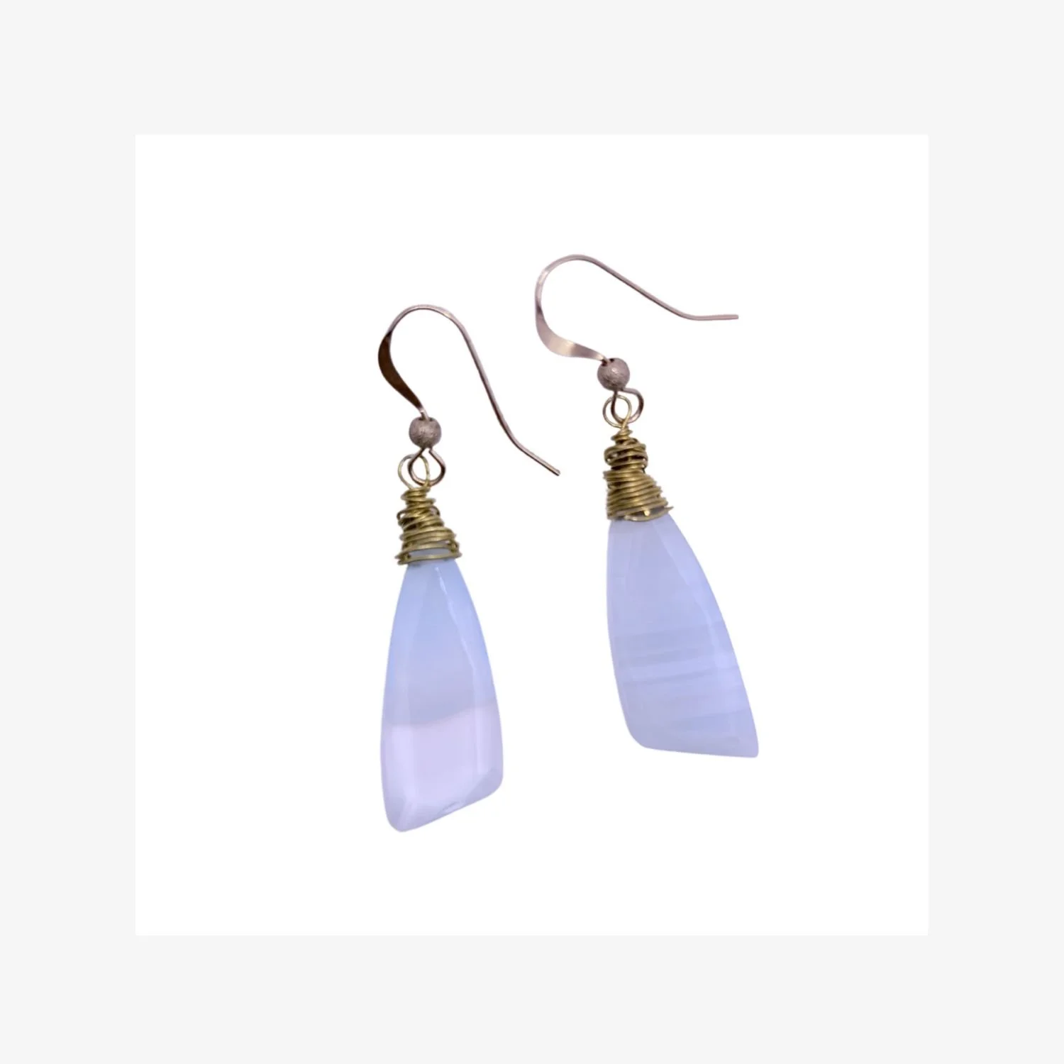 Blue Banded Agate Briolette Earrings Wrapped in Gold Wire