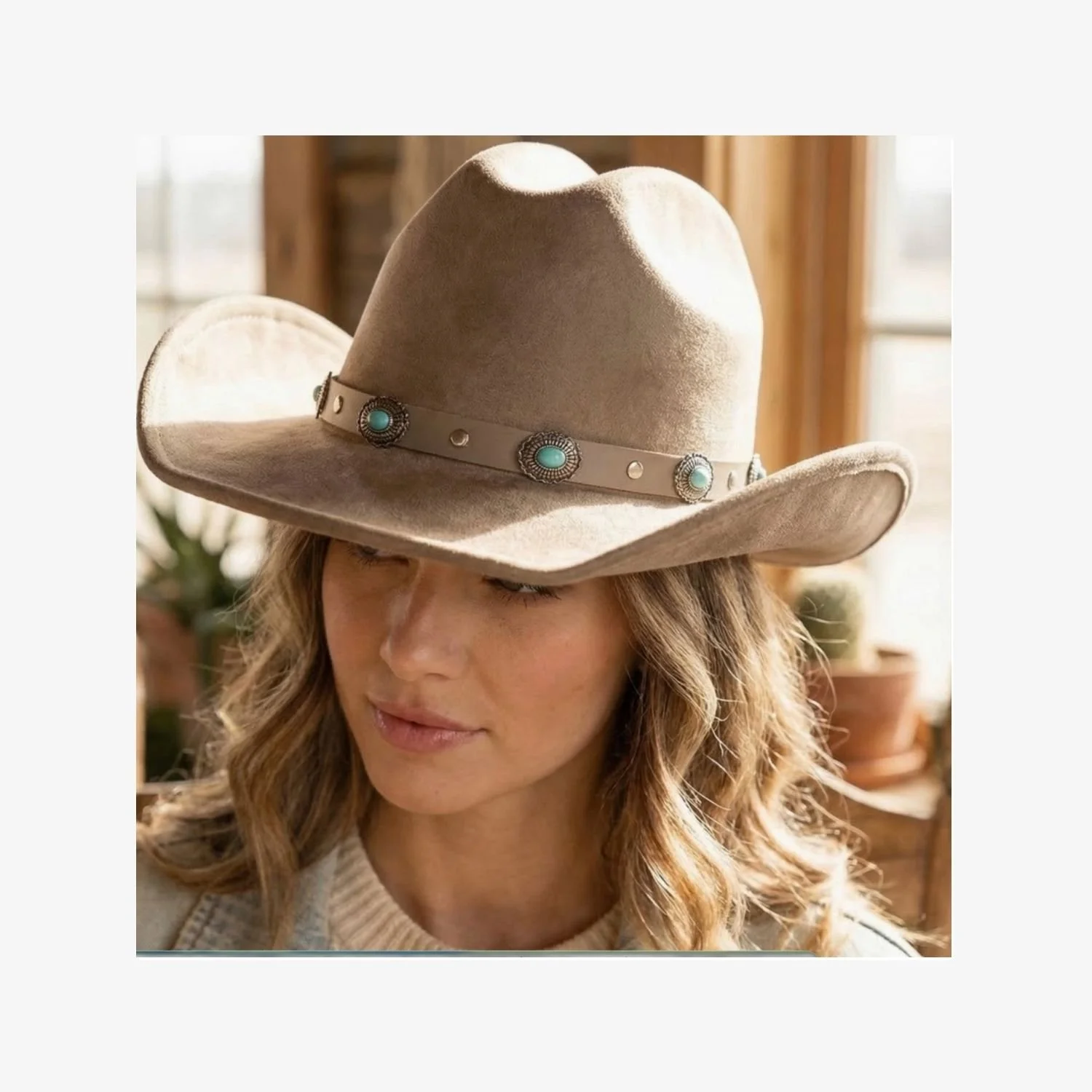 Western Cowboy Hat with Turquoise Concho Band – Women's Beige Felt Hat