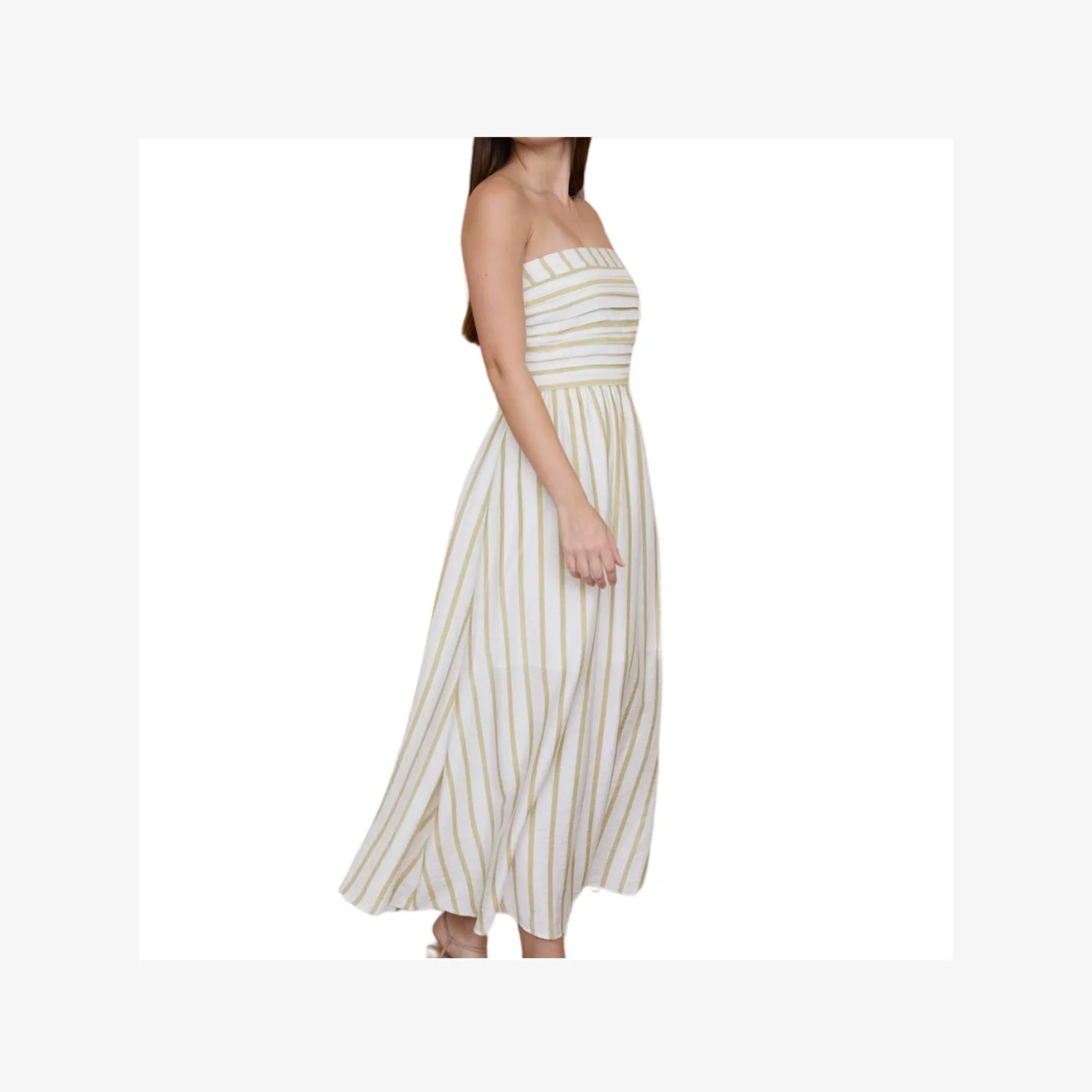 Striped Pleated Strapless Linen Midi Dress