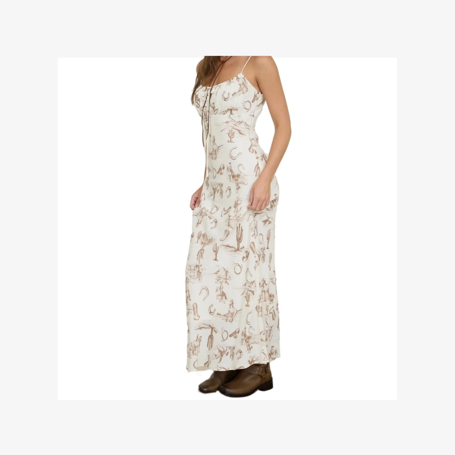 Western Print Front Tie Midi Dress