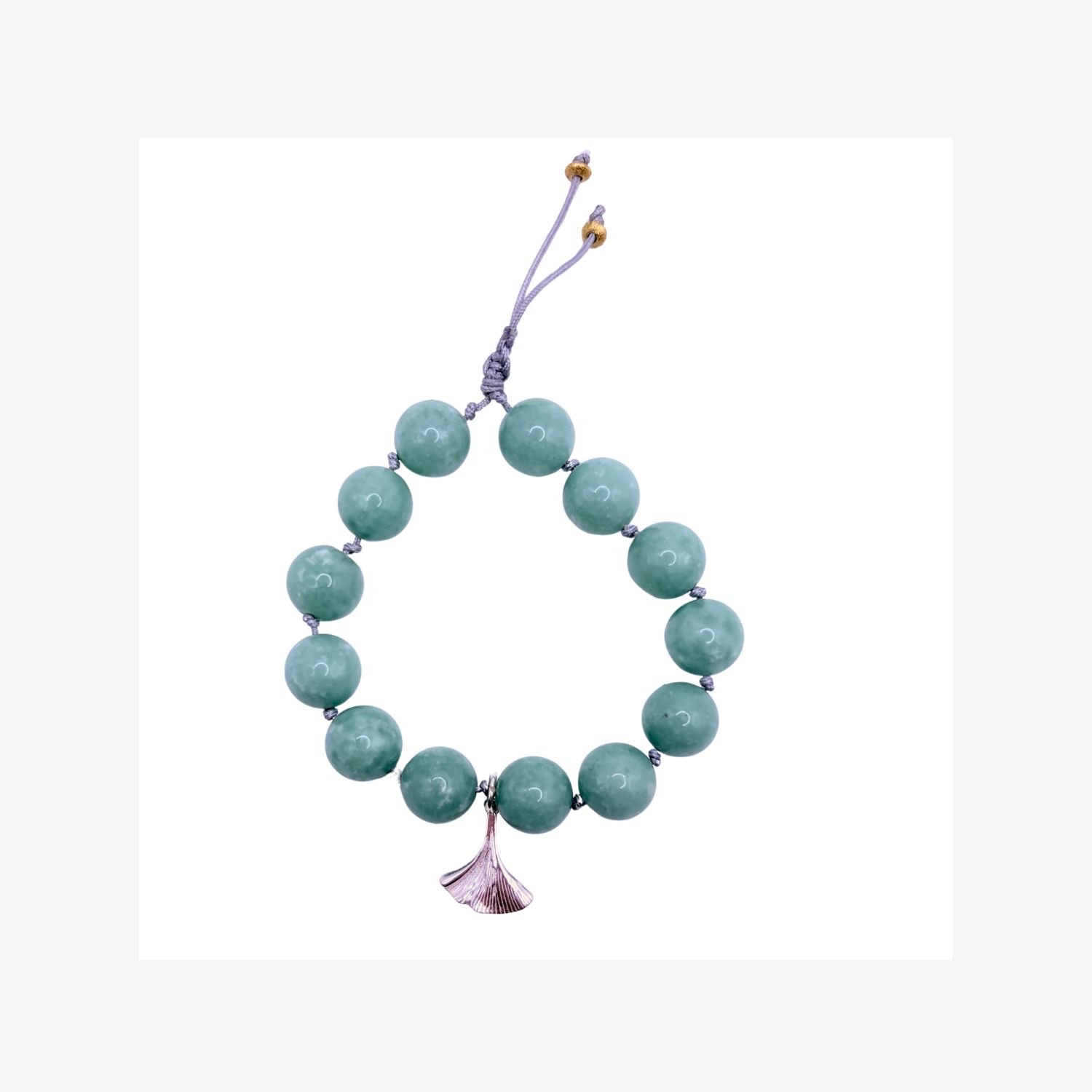 Hand-Knotted Green Jade Bracelet with Silver Ginkgo Leaf Charm
