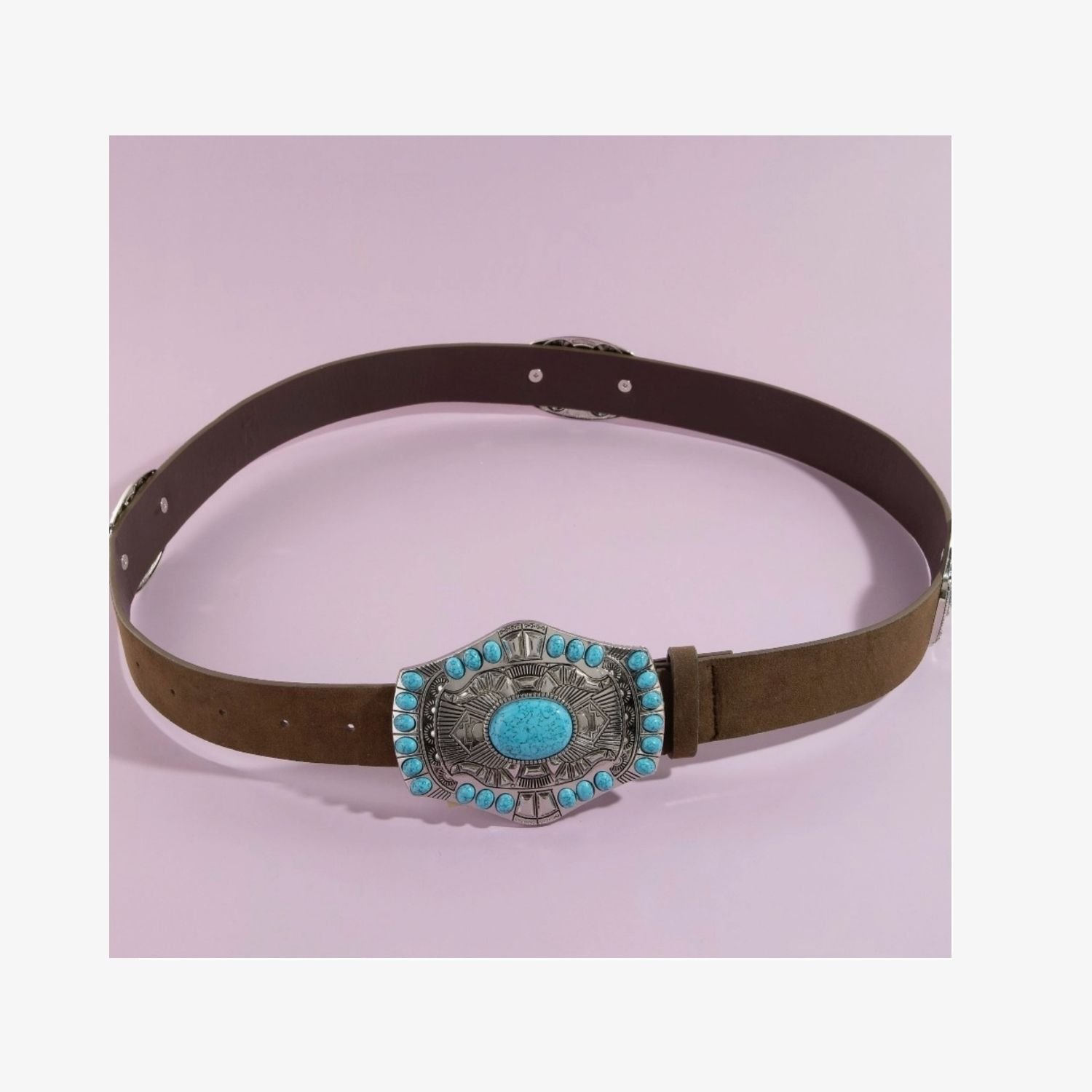 Brown Western Belt with Turquoise-Style Buckle – Southwestern Statement Belt