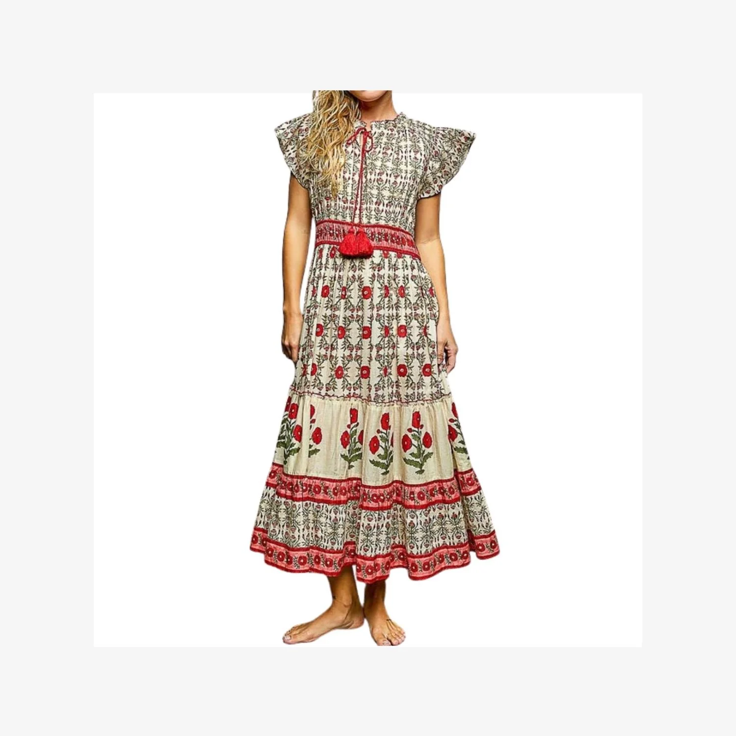 Hand-Block Printed Floral Midi Dress