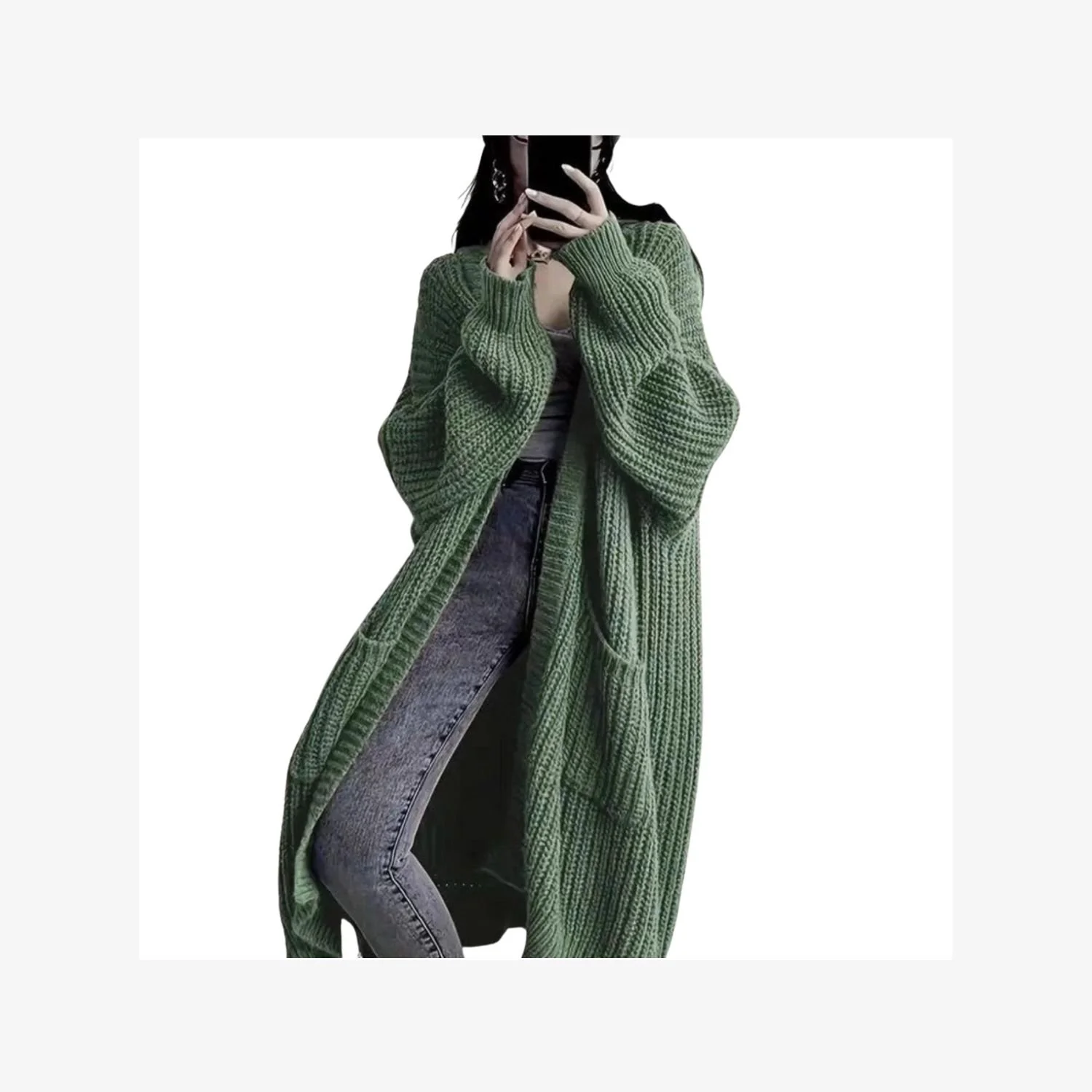 Thick Mid-Length Loose Knit Sweater Coat — Army Green