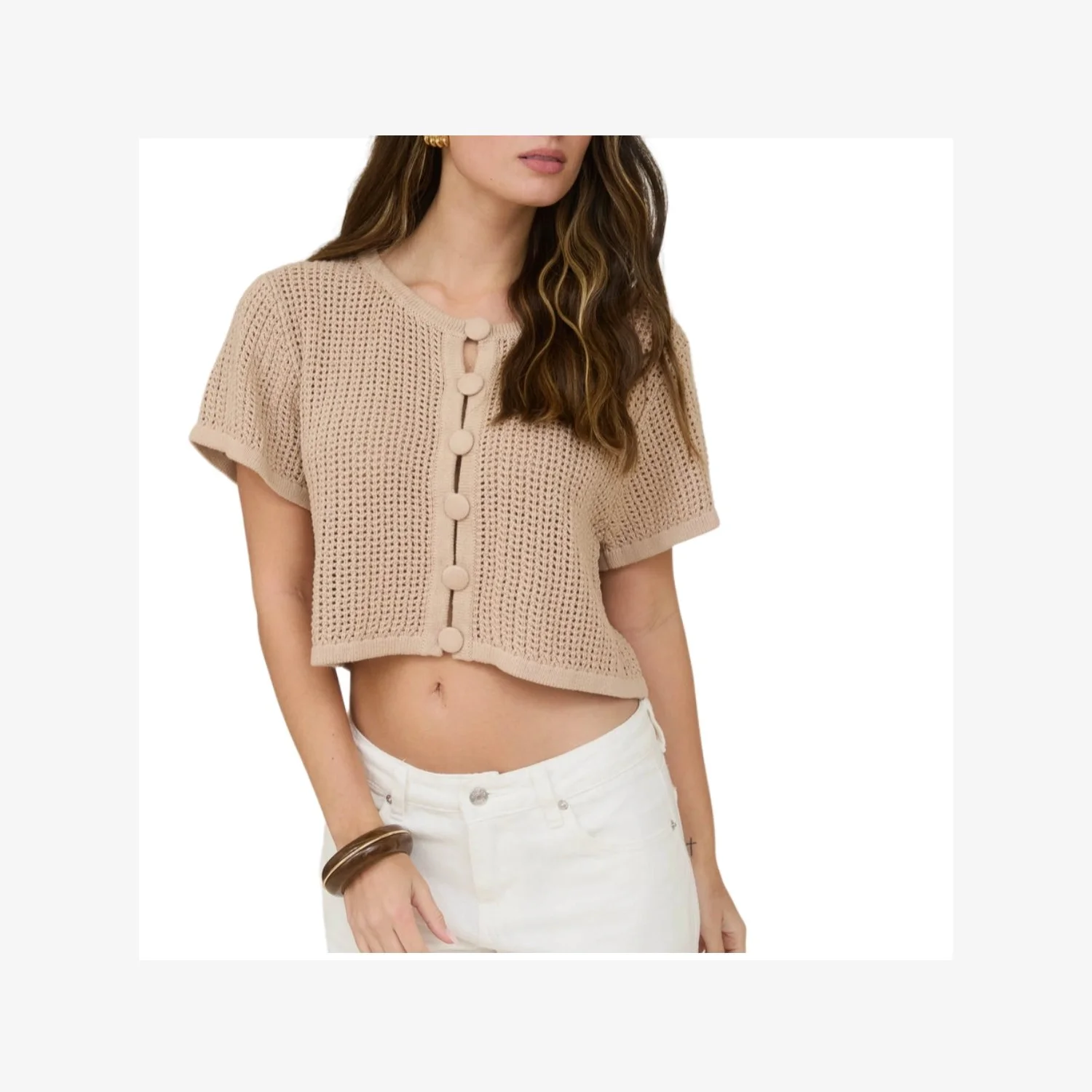 Khaki Crochet Button Detail Short Sleeve Cardigan