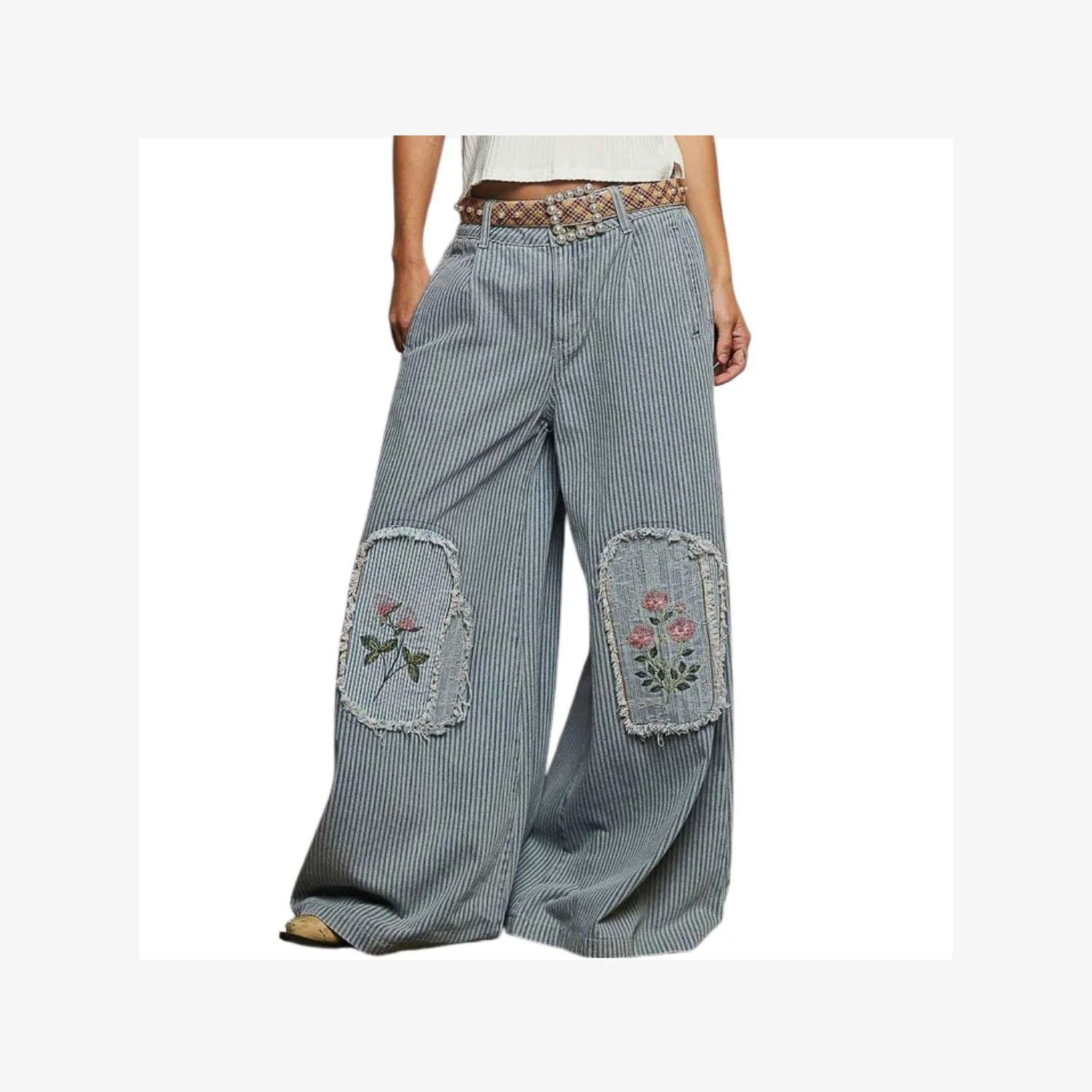 Floral Embroidered Patch Woven Pants – Denim Multi