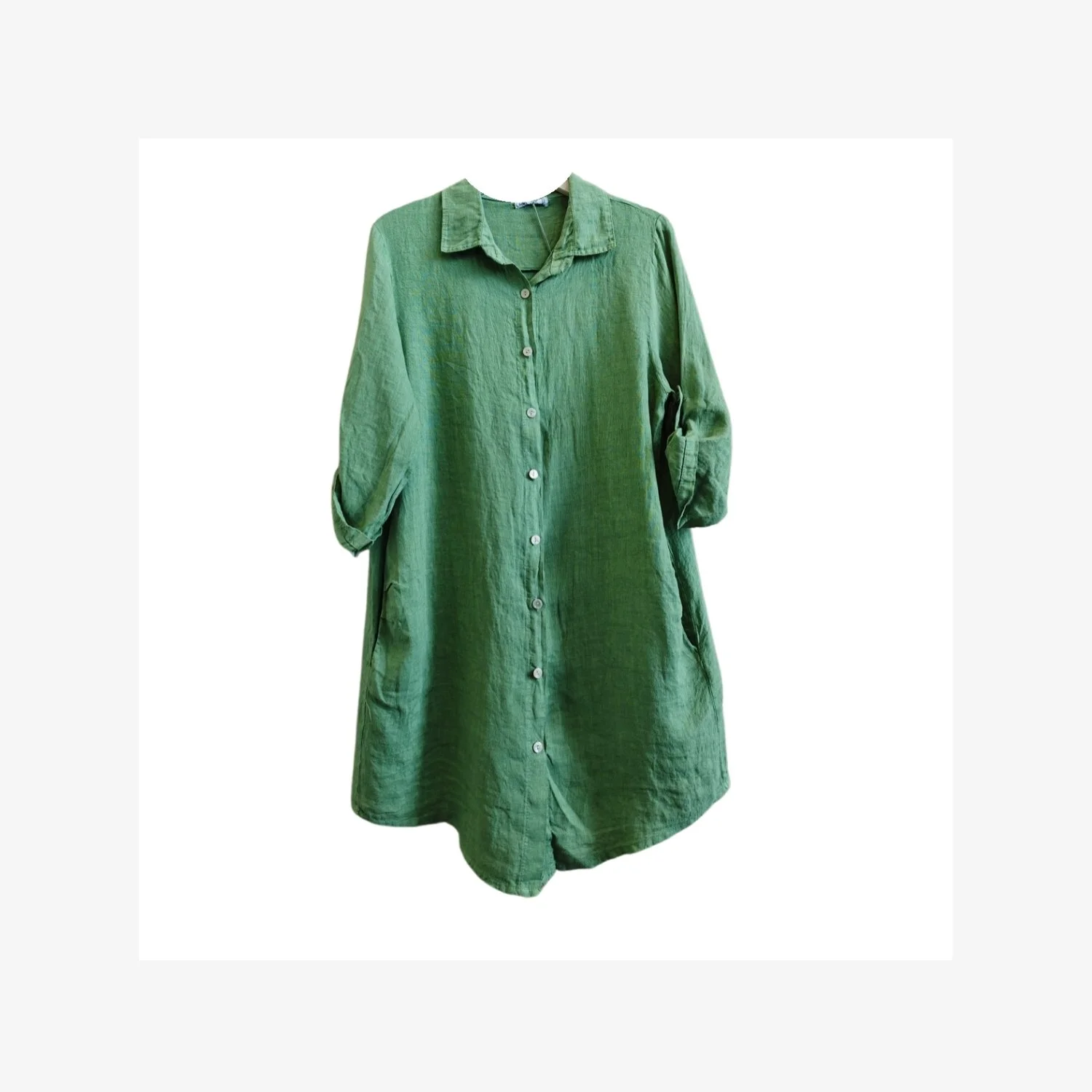 Italian Linen Green Button-Down Shirt Dress