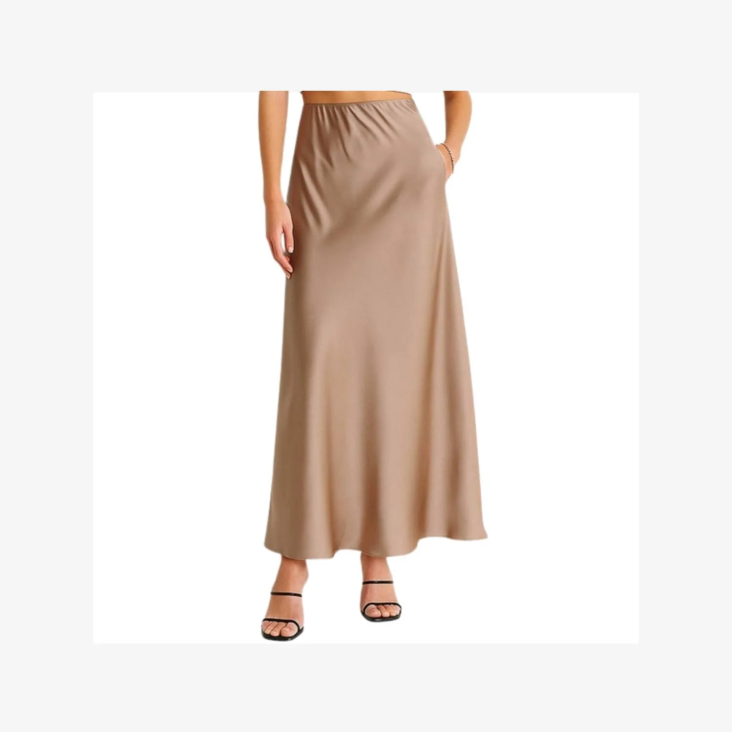 Ladies Solid Color Satin Midi Skirt