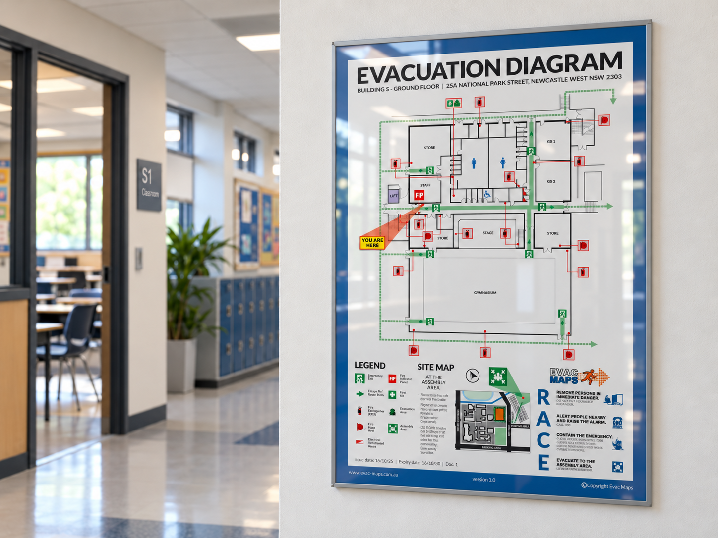 An evacuation diagram on a wall in a school. It shows the layout of the ground floor, including classrooms, stores, a gymnasium, and emergency exit routes, with a highlighted location marker labeled 'You Are Here.'
