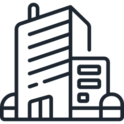 Outline sketch of a tall office building with several floors and windows, accompanied by a smaller building or structure nearby.