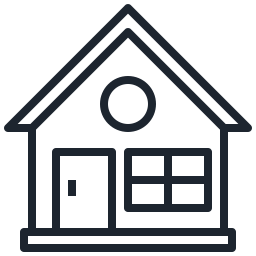 Line drawing of a house with a triangular roof, a circular window near the top, a door on the left, and a square window with four panes on the right.