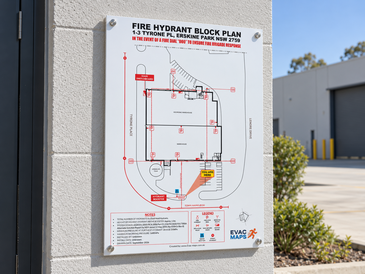 Fire hydrant block plan map showing layout of hydrants, switchboard, warehouse, and nearby streets, with instructions for fire response and a 'You Are Here' marker.