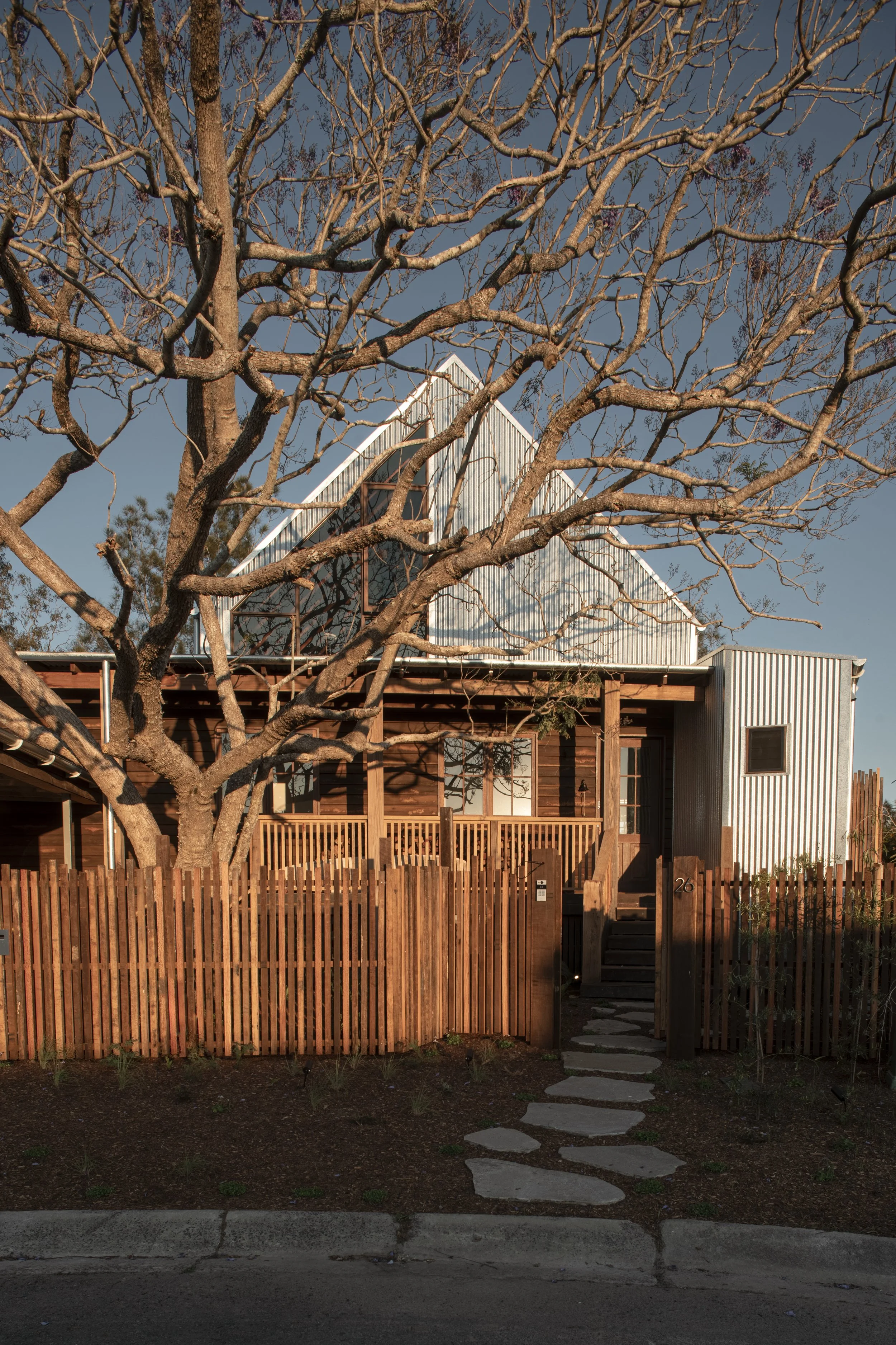 A modern house with a wooden and metal exterior, a triangular metal roof, and a small front porch. There is a leafless tree in the foreground with a winding stone pathway leading to the entrance. Currumbin Architecture Photography Joey Bailey