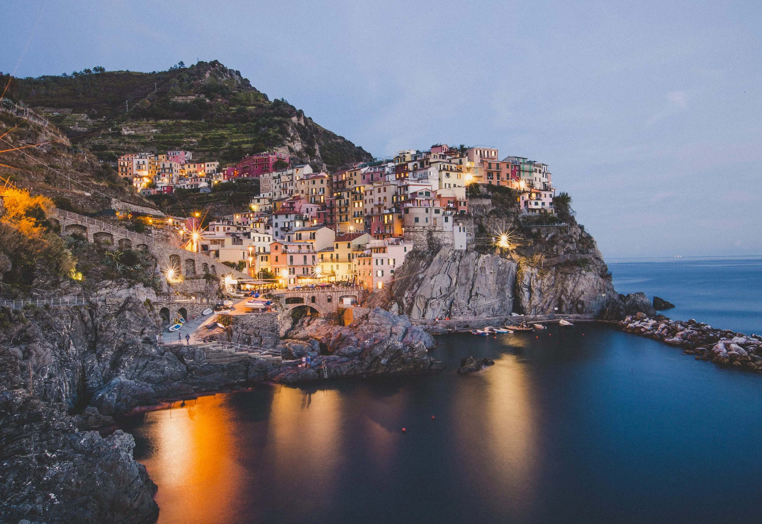 Manarola dusk summer lights turning on.Gold Coast | Byron Bay Photography by Joey Bailey