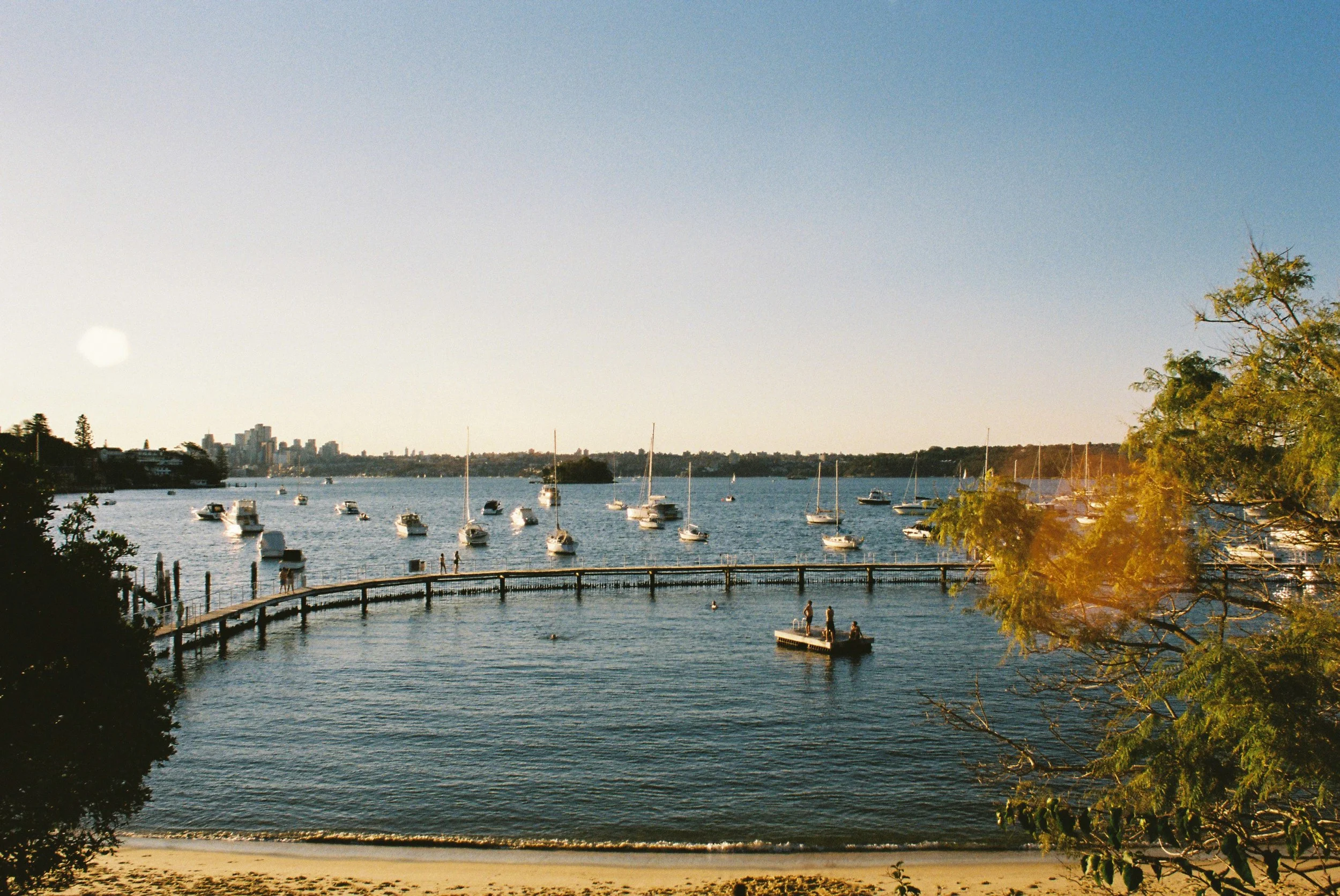 Sunset over a harbor with sailboats, a wooden pier, and a city skyline in the distance, with trees and a sandy beach in the foreground. Double Bay nsw