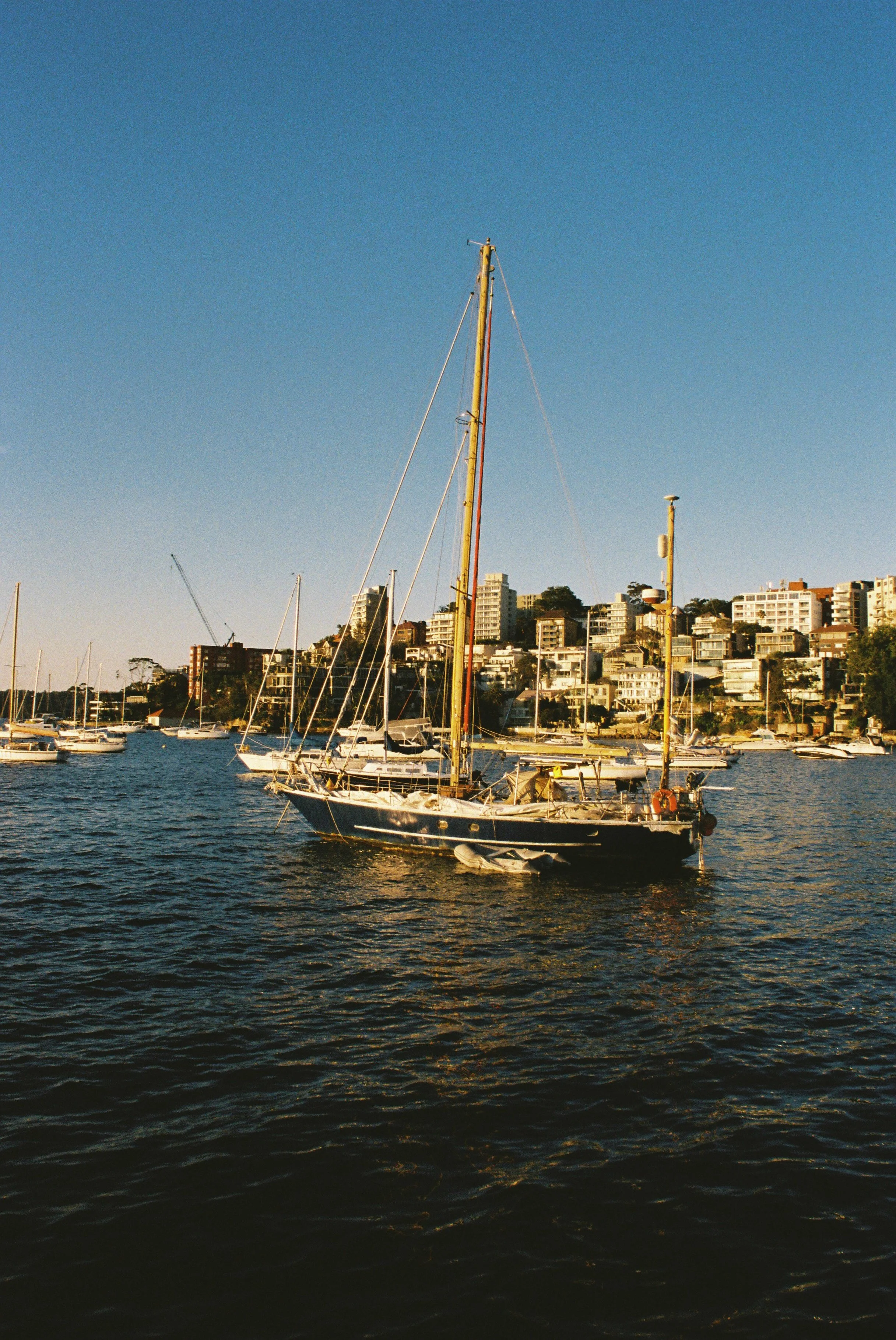 Sailing boats docked at a marina with a hillside urban area in the background under a clear blue sky. Garron Tower Art Deco architecture