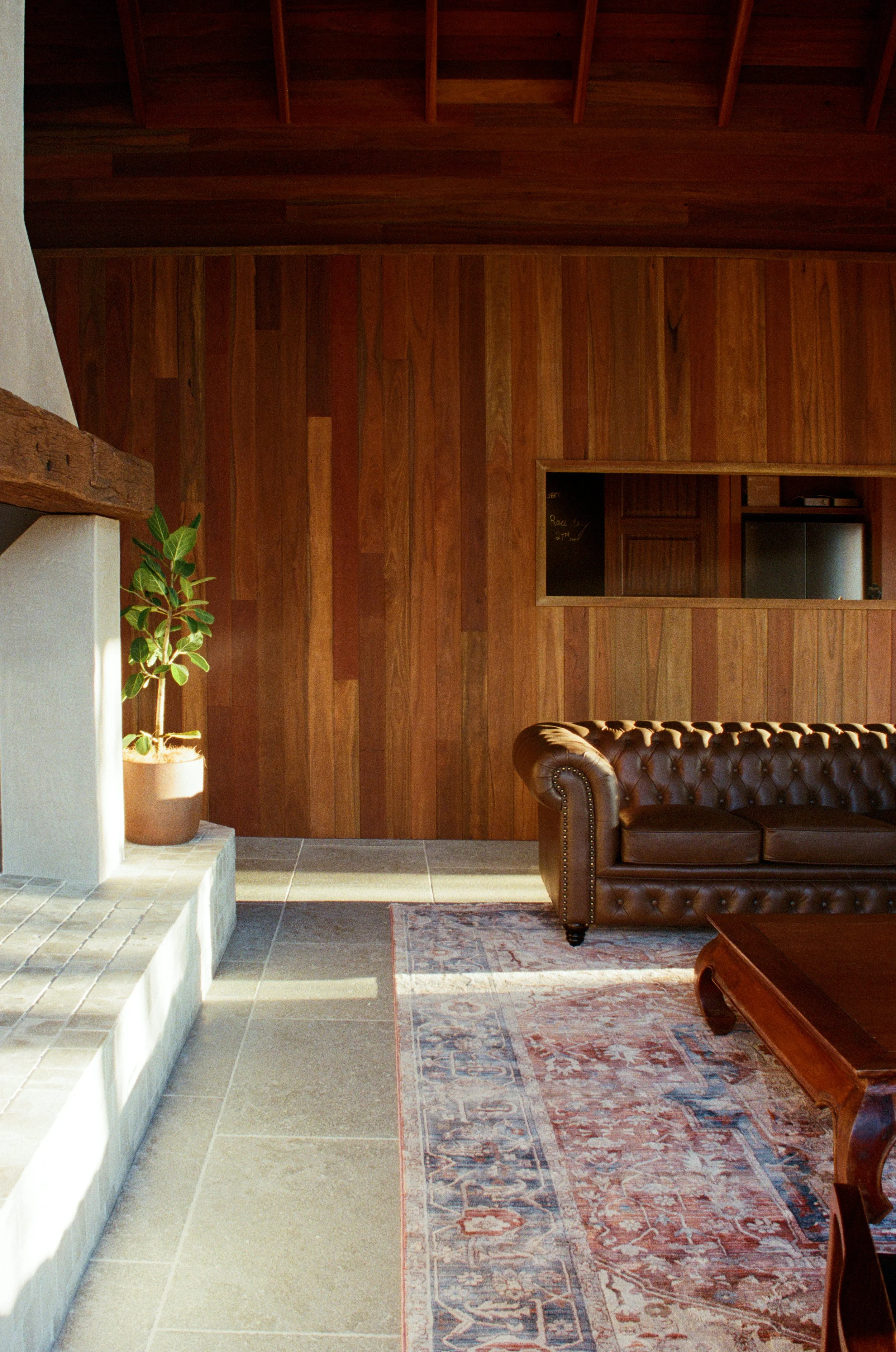 Living room with a wood-paneled wall, a brown leather chesterfield sofa, a patterned area rug, a potted plant on a raised hearth, and natural light coming in. Gold Coast Architectural Photography by Joey Bailey 