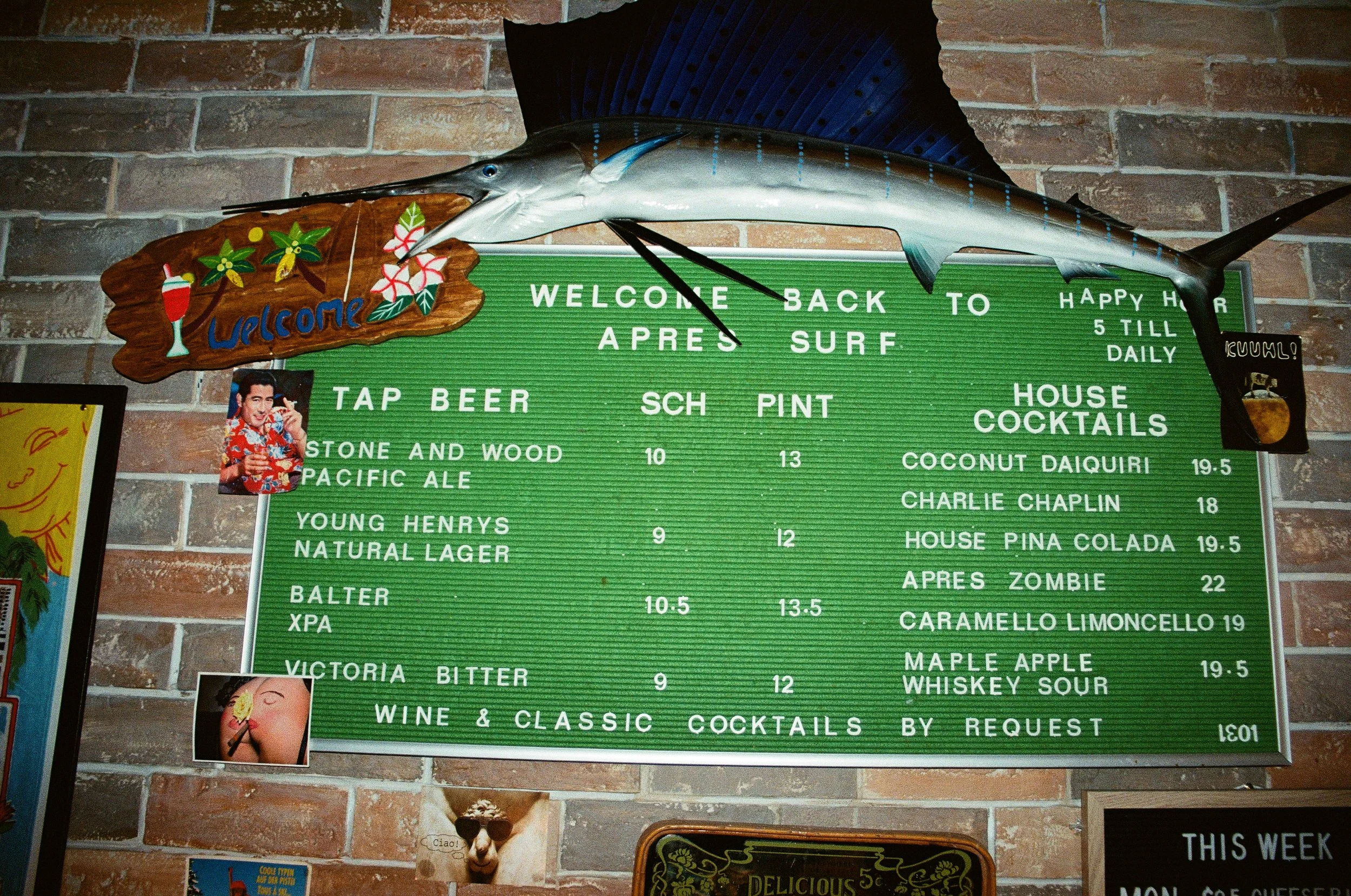 A marine fish mounted as a decoration on a brick wall above a green menu board at a bar or restaurant. Après Surf Burleigh Heads, Gold Coast – photography by Joey Bailey