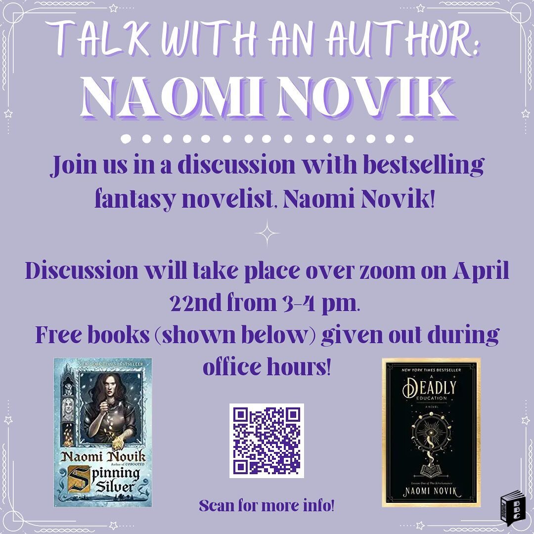 We are so excited to announce our Talk With An Author: Naomi Novik! The discussion will be over Zoom on April 22 from 3-4pm. We will also be giving out one free Naomi Novik book for any student at Purdue (this means you don&rsquo;t have to be a book 