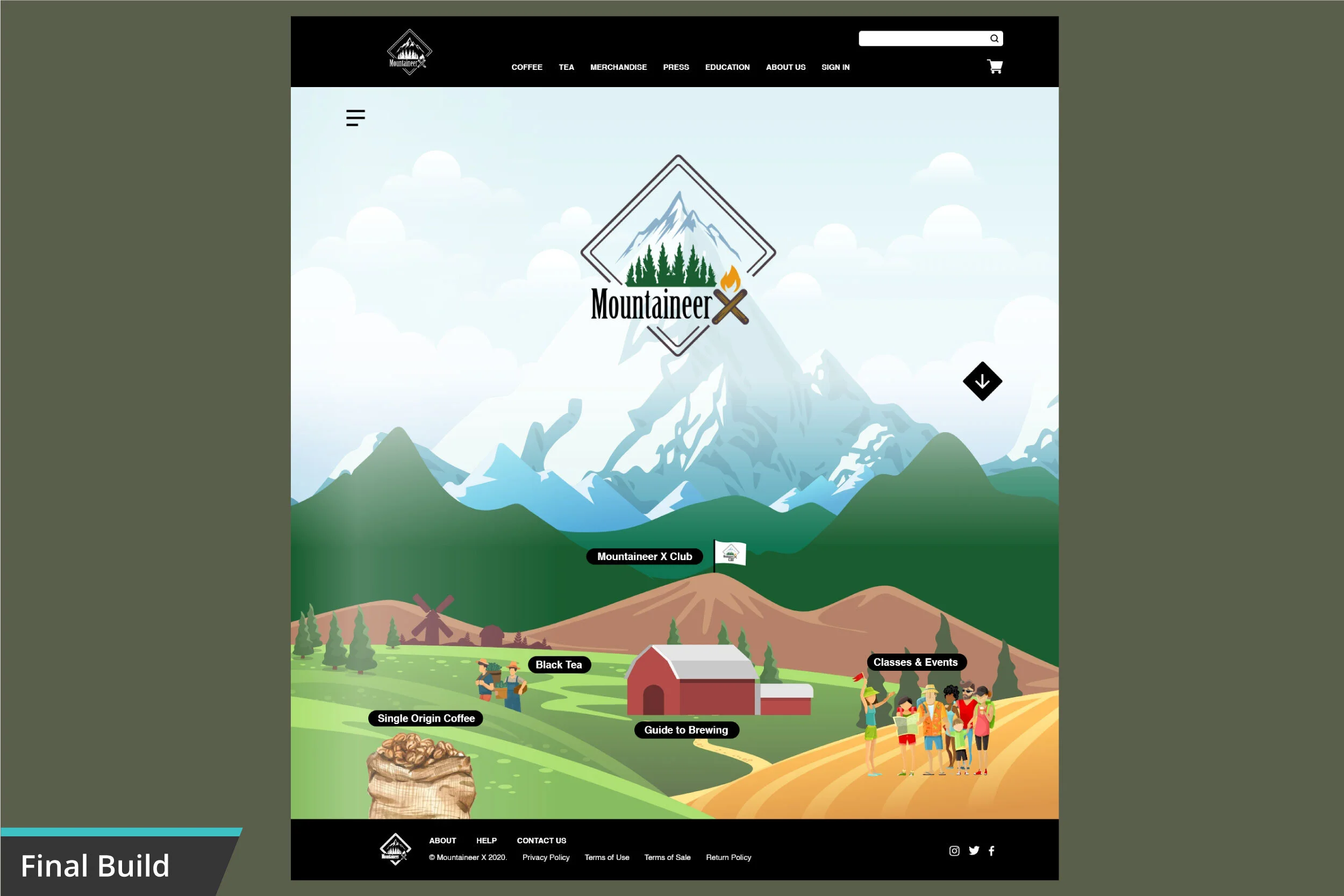 An illustrated webpage background of a mountain with trees, and a series of sections promoting Mountaineer X Club activities and products, including coffee, tea, merchandise, classes, and events.