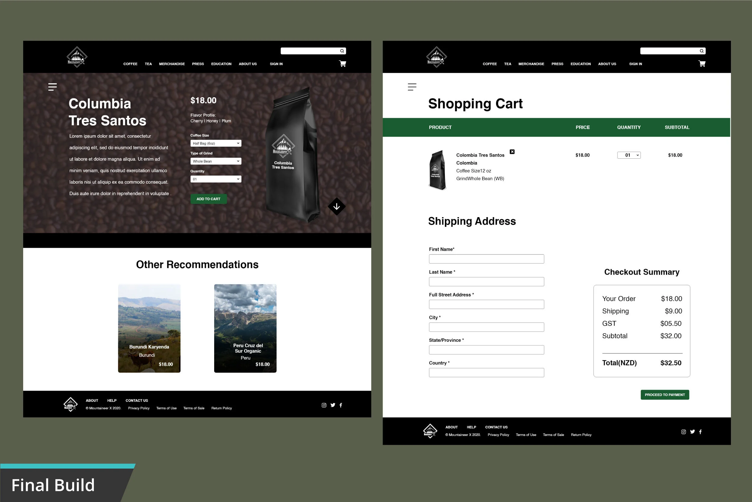 Side-by-side images of a coffee product page and a shopping cart checkout page for Mountaineer X, featuring Colombia Tres Santos coffee, with prices, descriptions, and a shopping cart summary.