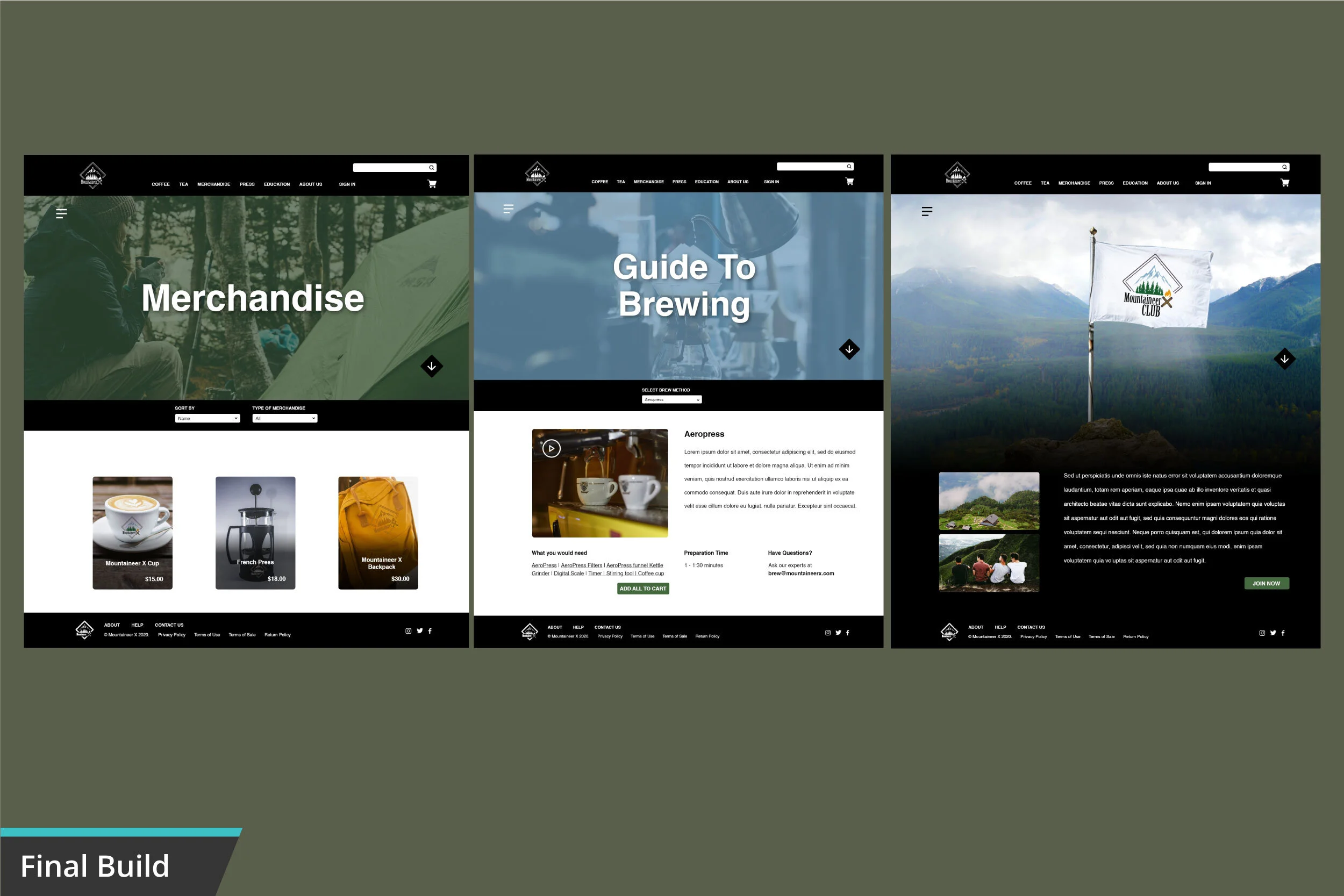 Three website mockups displayed on a gray background. The websites are related to outdoor activities, brewing, and merchandise, with header menus, images, and text sections.