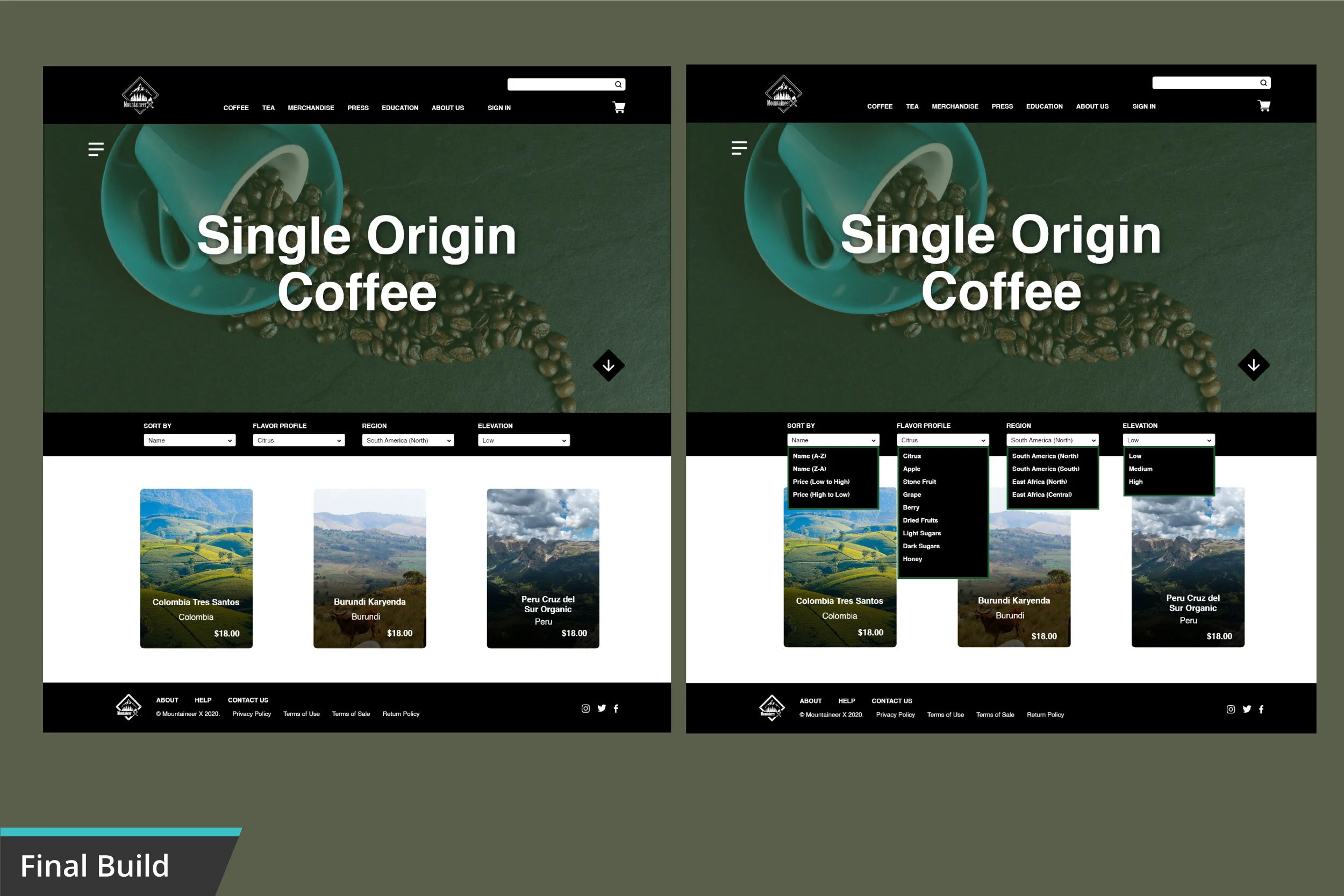 Screenshot of a website homepage for a coffee company, showing a large image of a blue mug pouring coffee beans, with the text 'Single Origin Coffee' displayed prominently. The navigation menu includes options for coffee, tea, merchandise, press, edu