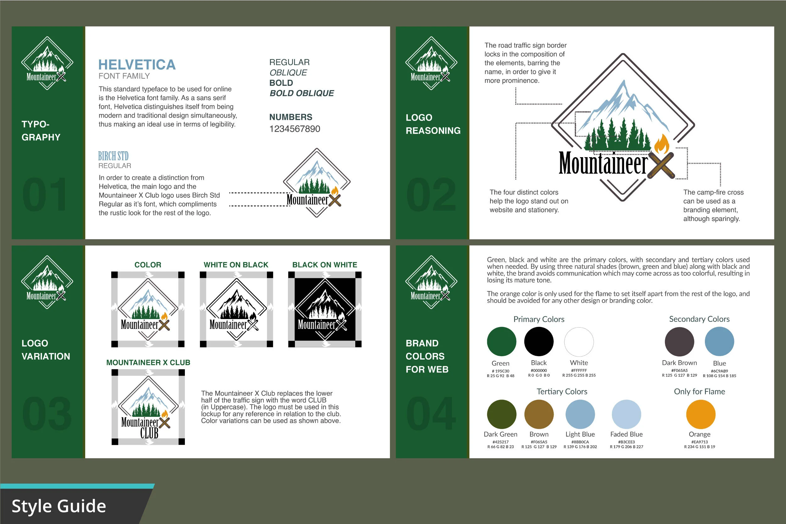 A style guide for the Mountaineer brand logo, detailing logo variations, color schemes, and branding guidelines, with emphasis on outdoor and mountain themes.