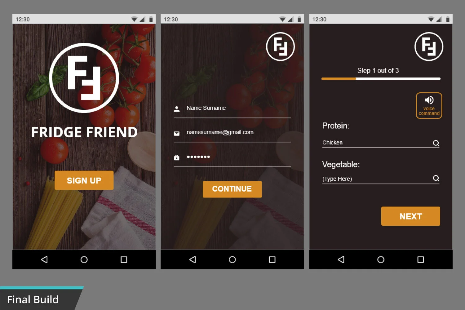 Screenshots of a mobile app called Fridge Friend, showing the login, registration, and food entry screens with images of tomatoes, spaghetti, and kitchen towels.