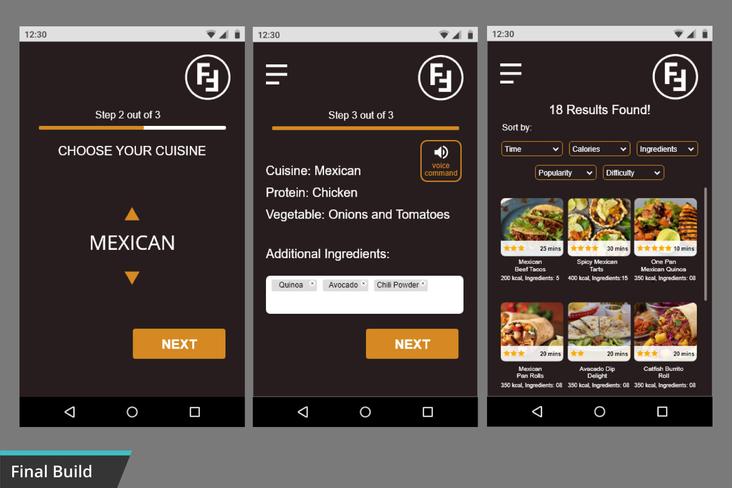 Screenshots of a mobile app interface for a cooking or recipe app. The first screenshot shows a step in the process, selecting a cuisine type (Mexican). The second screenshot shows details about choosing ingredients for Mexican cuisine, including pro