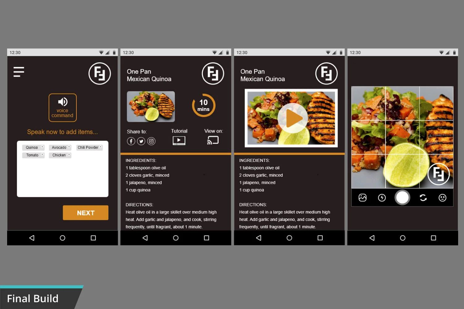 Screenshots of a cooking app showing a Mexican Quinoa recipe, ingredients, video tutorial, and photos of the finished dish.