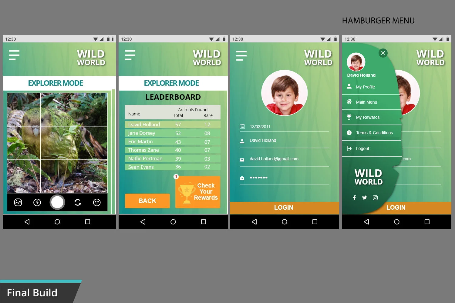 Screenshots of a mobile app called WILD WORLD, showing various screens including a camera view of a bird, a leaderboard of players' animal finds, a profile page with user details, and a menu with navigation options. The app has a green themed backgro