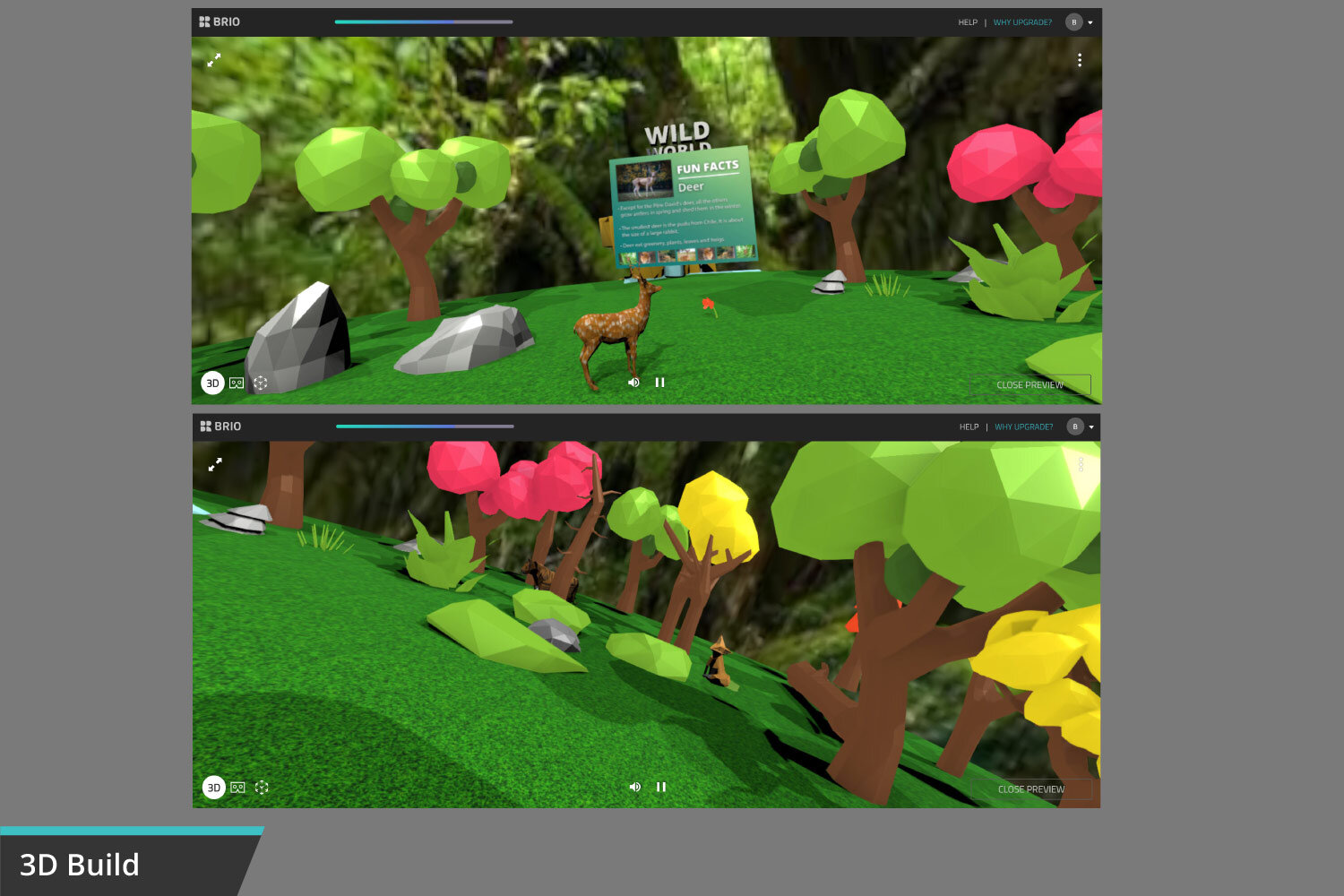 Screenshots of a 3D virtual interactive nature scene with colorful, geometric trees and rocks, featuring a deer and a squirrel. The scene is part of an educational activity about wildlife and nature facts, displayed on the BRIO platform.