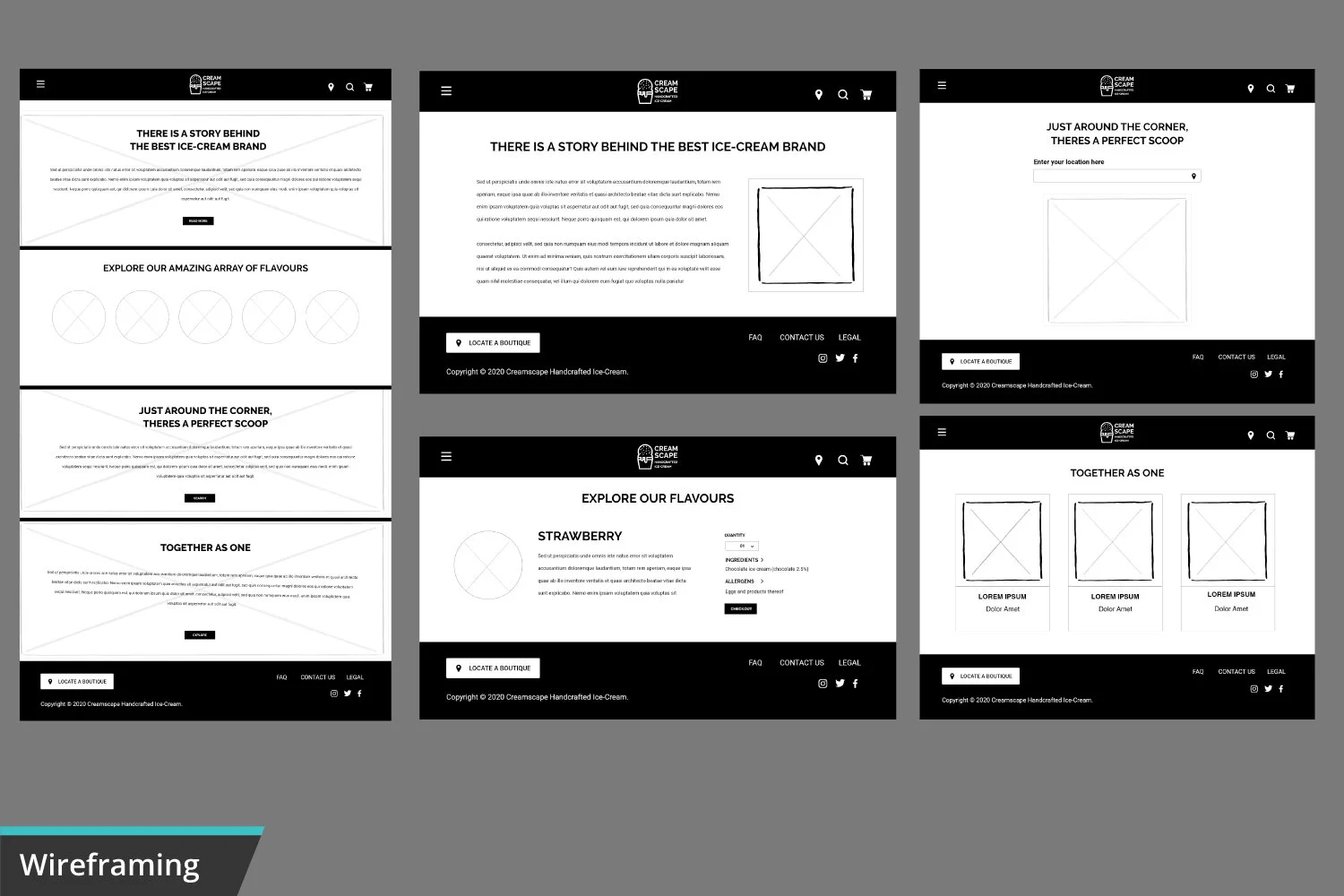 Wireframe of a website for an ice cream brand, featuring sections on flavors, story, and shop locator, with menu and social media icons.