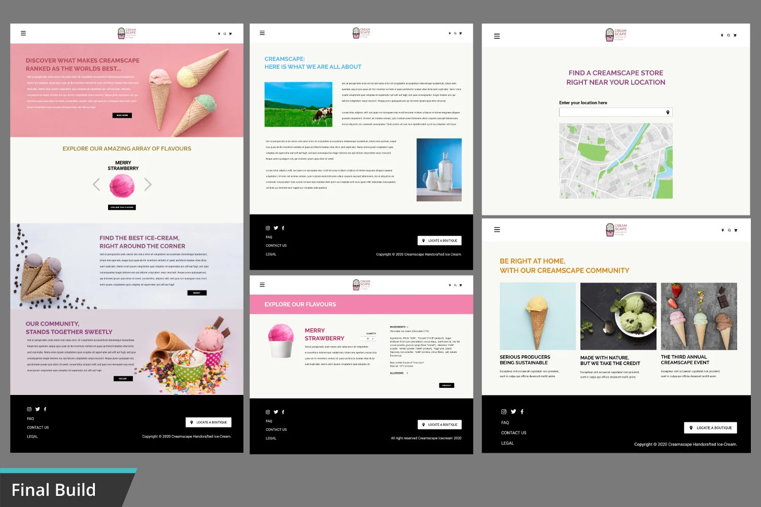 Screenshots of a website about hand-crafted ice cream, featuring images of various ice cream cones and flavors, with sections about the brand, flavors, store locator, and community stories. The website has a pink, white, and black color scheme.