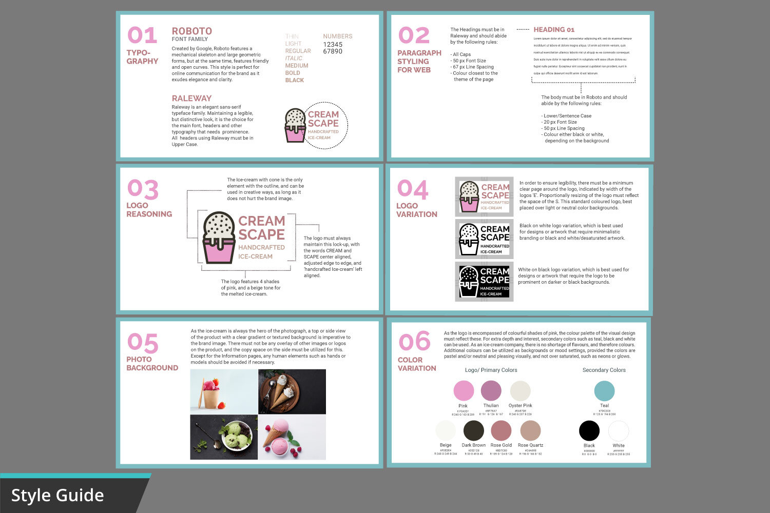A style guide page with six sections about branding and design. Sections 1-3 feature text and icons about typography, paragraph styling, and logo reasoning. Sections 4-6 display variations of logo designs, color palette, and background images, includ