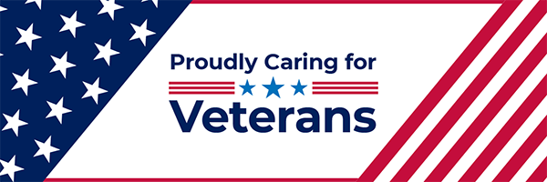 A patriotic graphic with American flag design elements and the text 'Proudly Caring for Veterans'.