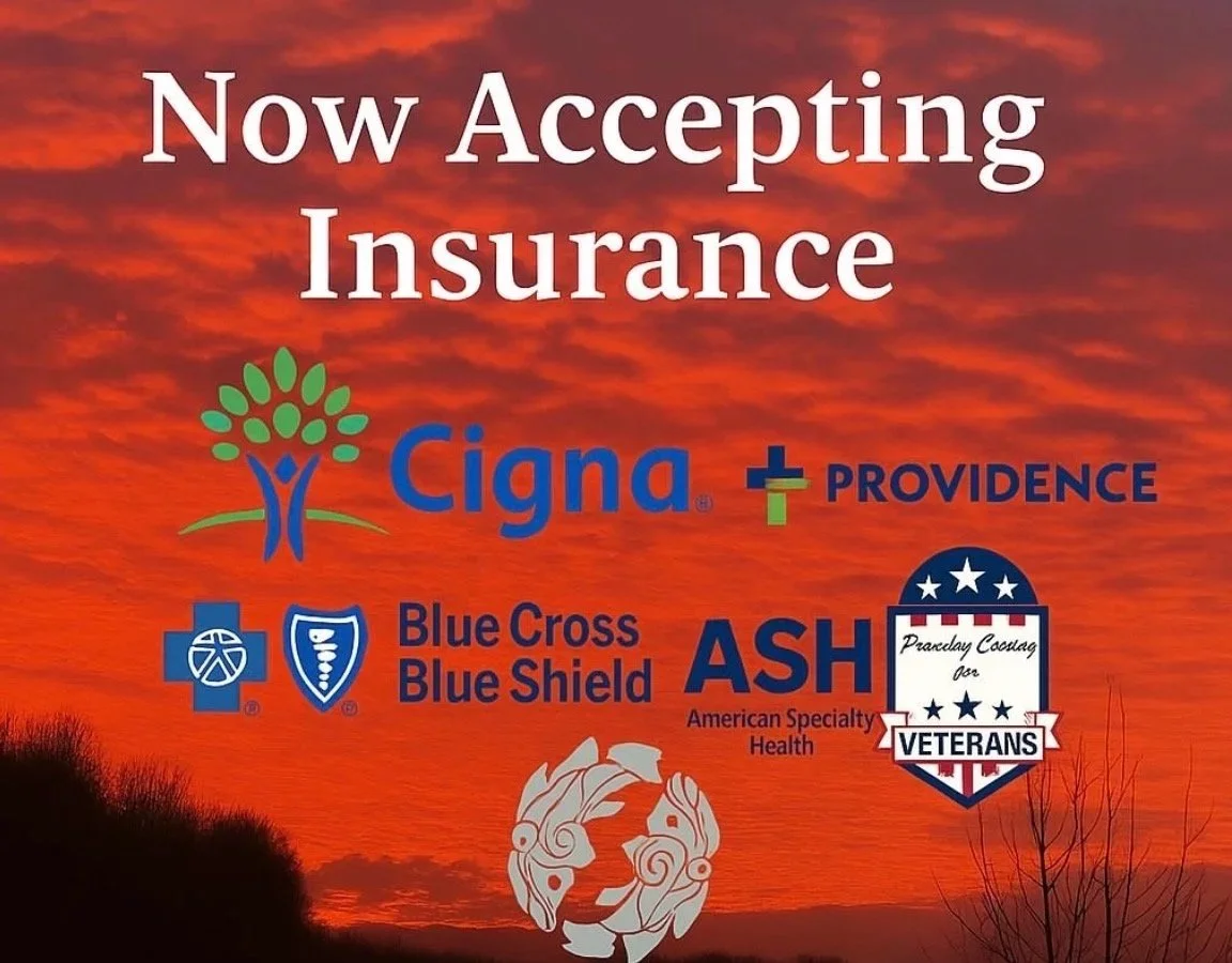 Sign with the text 'Now Accepting Insurance' and logos of Cigna, Providence, Blue Cross Blue Shield, ASH (American Specialty Health), and a Veterans' organization, set against an orange sunset sky.