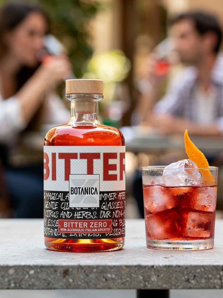 Una bottiglia di BOTANICA Bitter Zero e un bicchiere di un cocktail analcolico Bitter and Soda con ghiaccio e una scorza d'arancia come guarnizione su un tavolo, con due persone sullo sfondo sfocato che bevono dai bicchieri.
