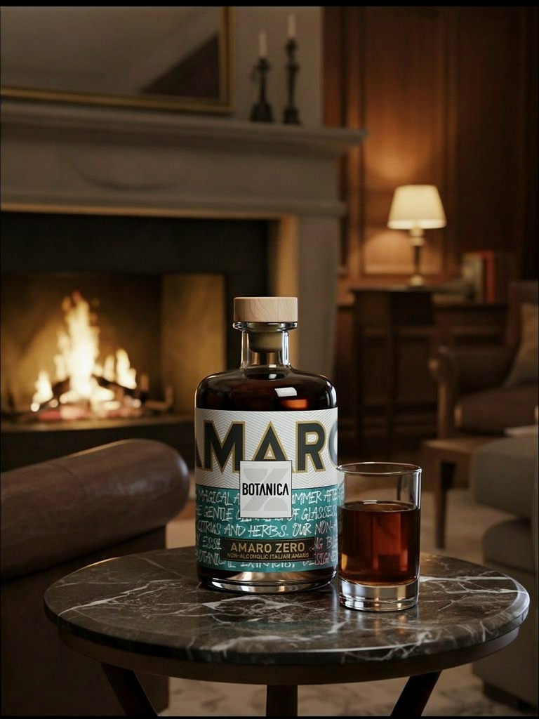 Dark glass bottle of BOTANICA Amaro Zero with wooden cap, a non-alcoholic Italian amaro inspired by herbal tradition.