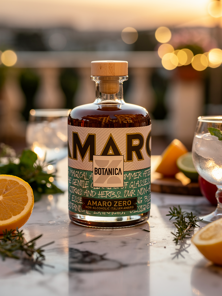 Amaro Zero BOTANICA, amaro analcolico italiano a base di botaniche, ambientato in un contesto aperitivo con agrumi ed erbe aromatiche.
