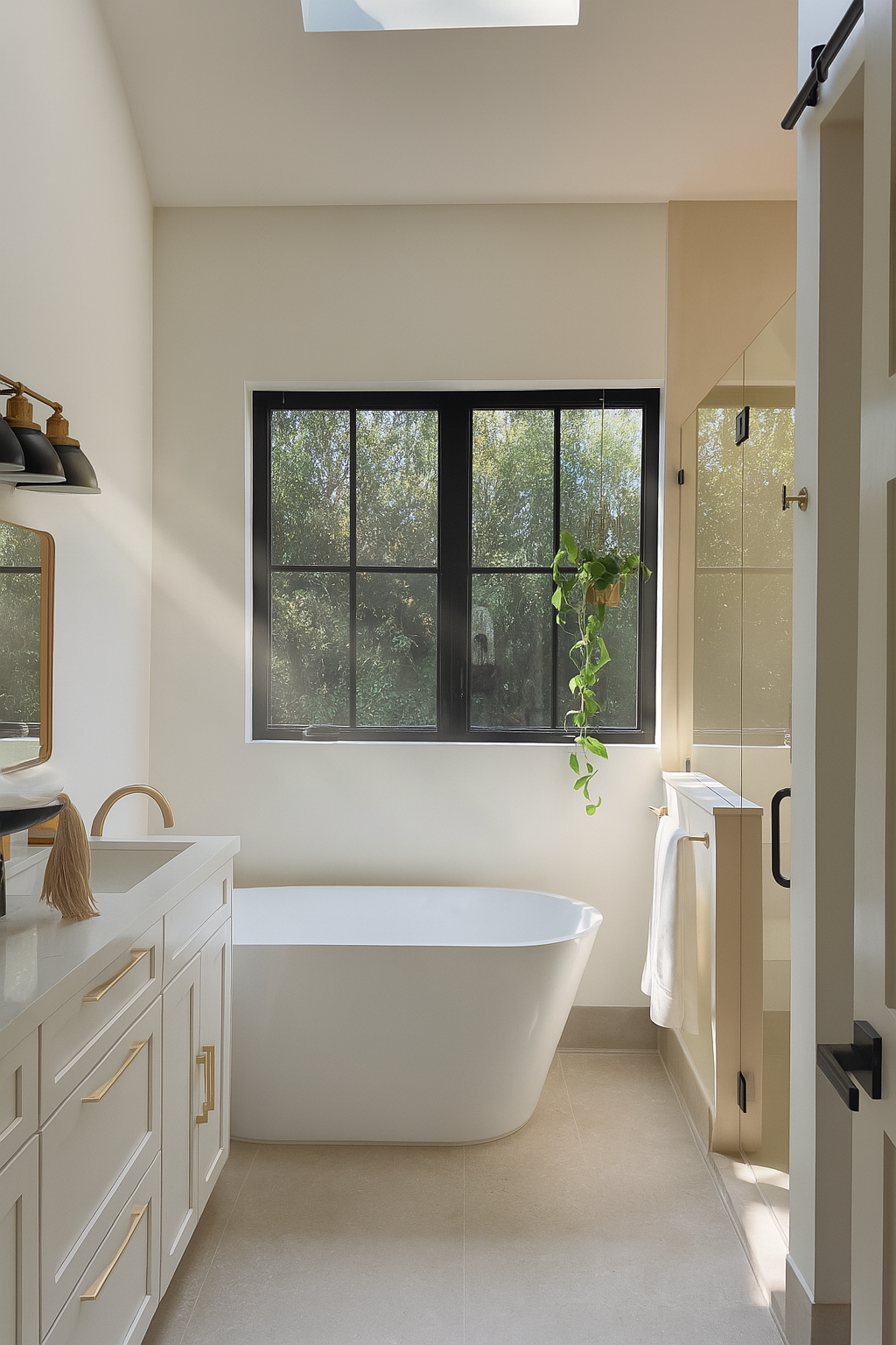 The primary bath, although featuring a large window, is completely private and a true retreat.